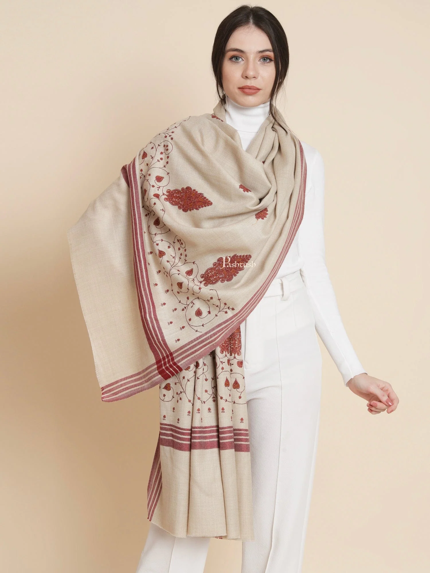 Pashtush Womens, Woollen, Paisley Large Thick And Warm, Kashmiri Embroidery Embroidery, Taupe - Image 5