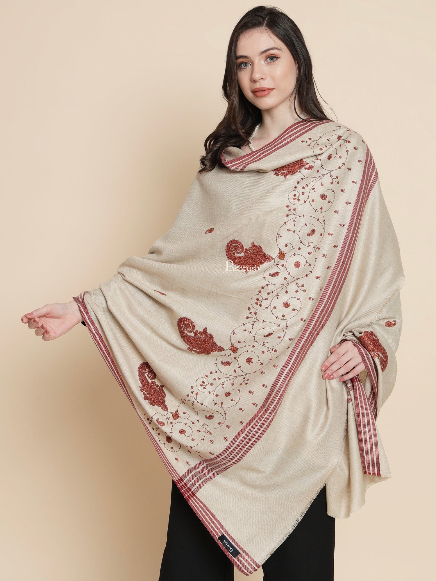 Pashtush Womens, Woollen, Paisley Large Thick And Warm, Kashmiri Embroidery Embroidery, Taupe - Image 4