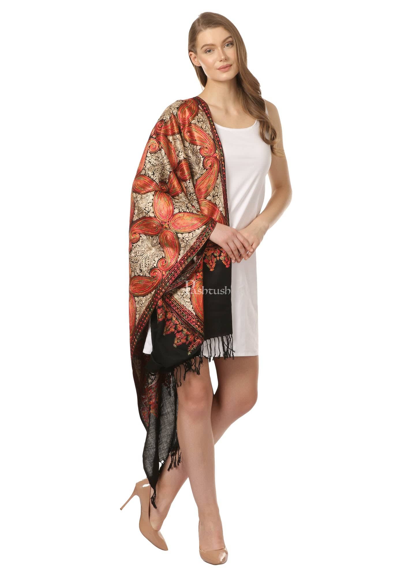 Pashtush Women'S Nalki Wool Embroidery Stole, Extra Soft Black - Image 3
