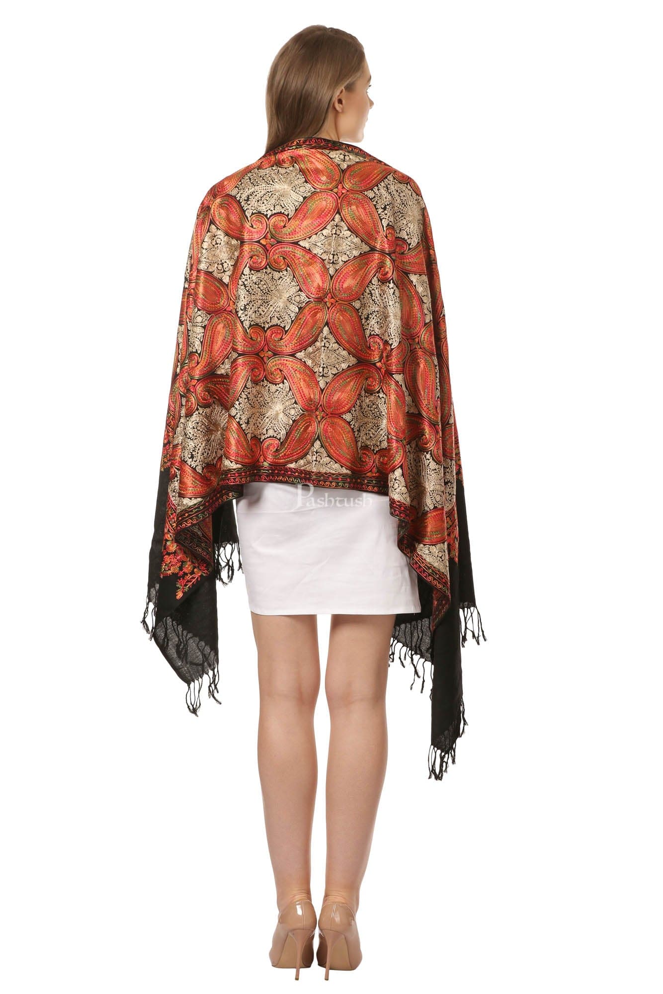 Pashtush Women'S Nalki Wool Embroidery Stole, Extra Soft Black - Image 4