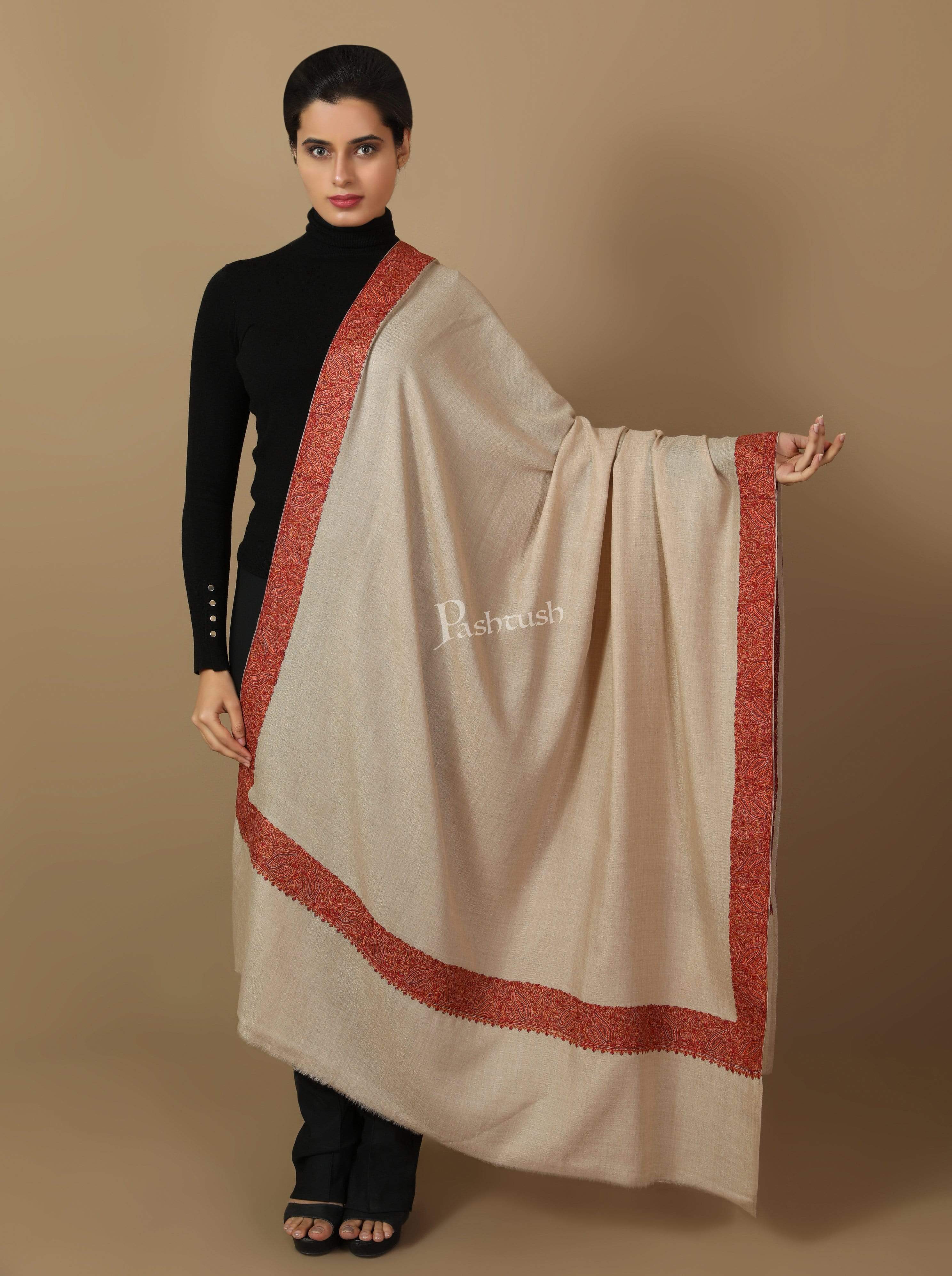 Pashtush Women'S Wool Shawl Embroidered Border, Beige