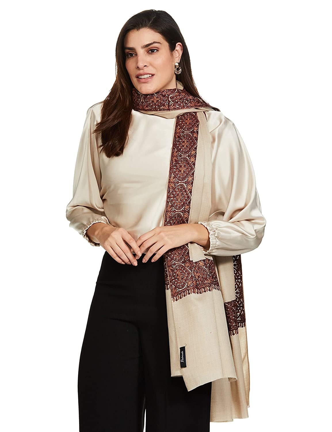 Pashtush Women'S Wool Shawl Embroidered Border, Beige