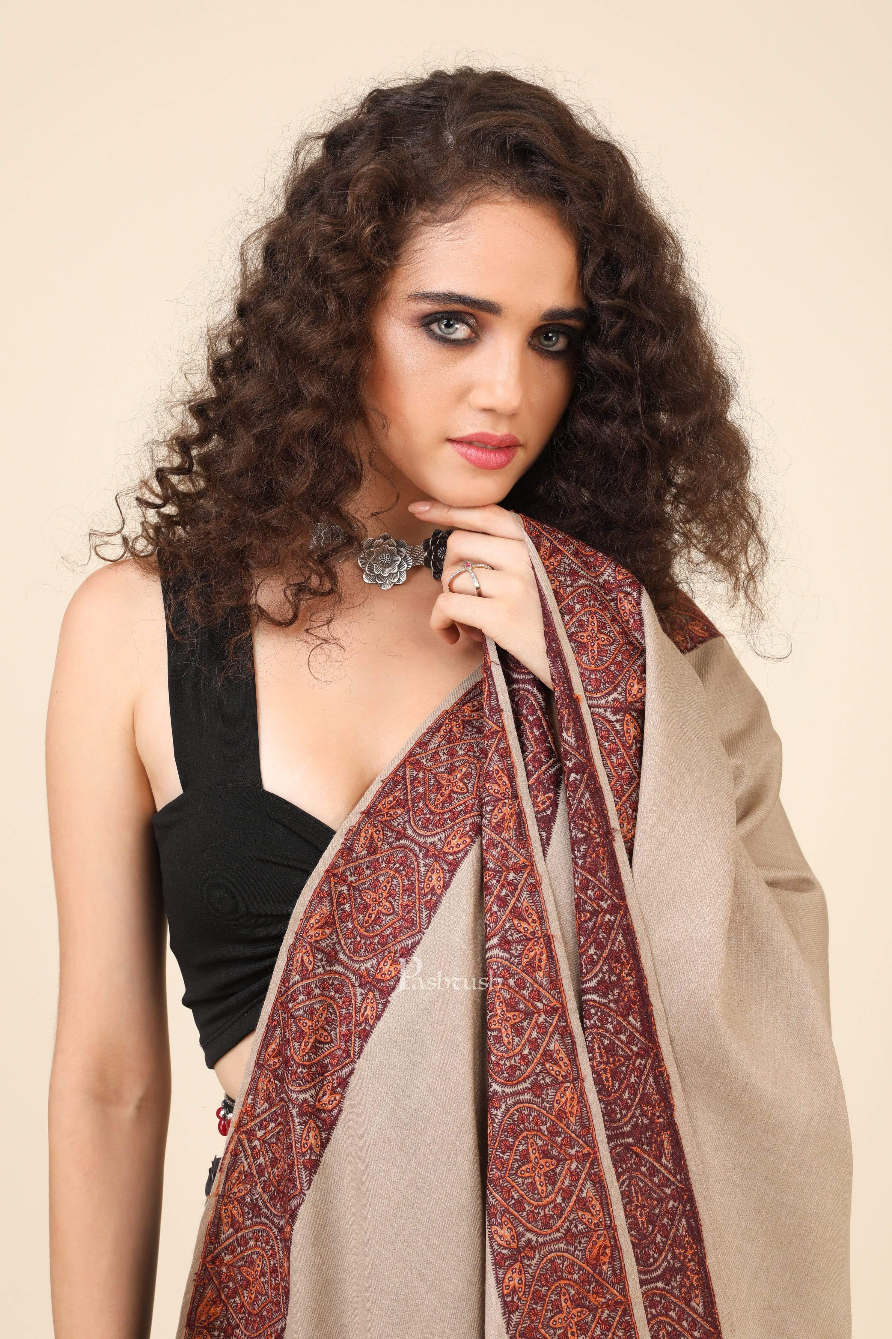 Pashtush Women'S Wool Shawl Embroidered Border, Beige - Image 2