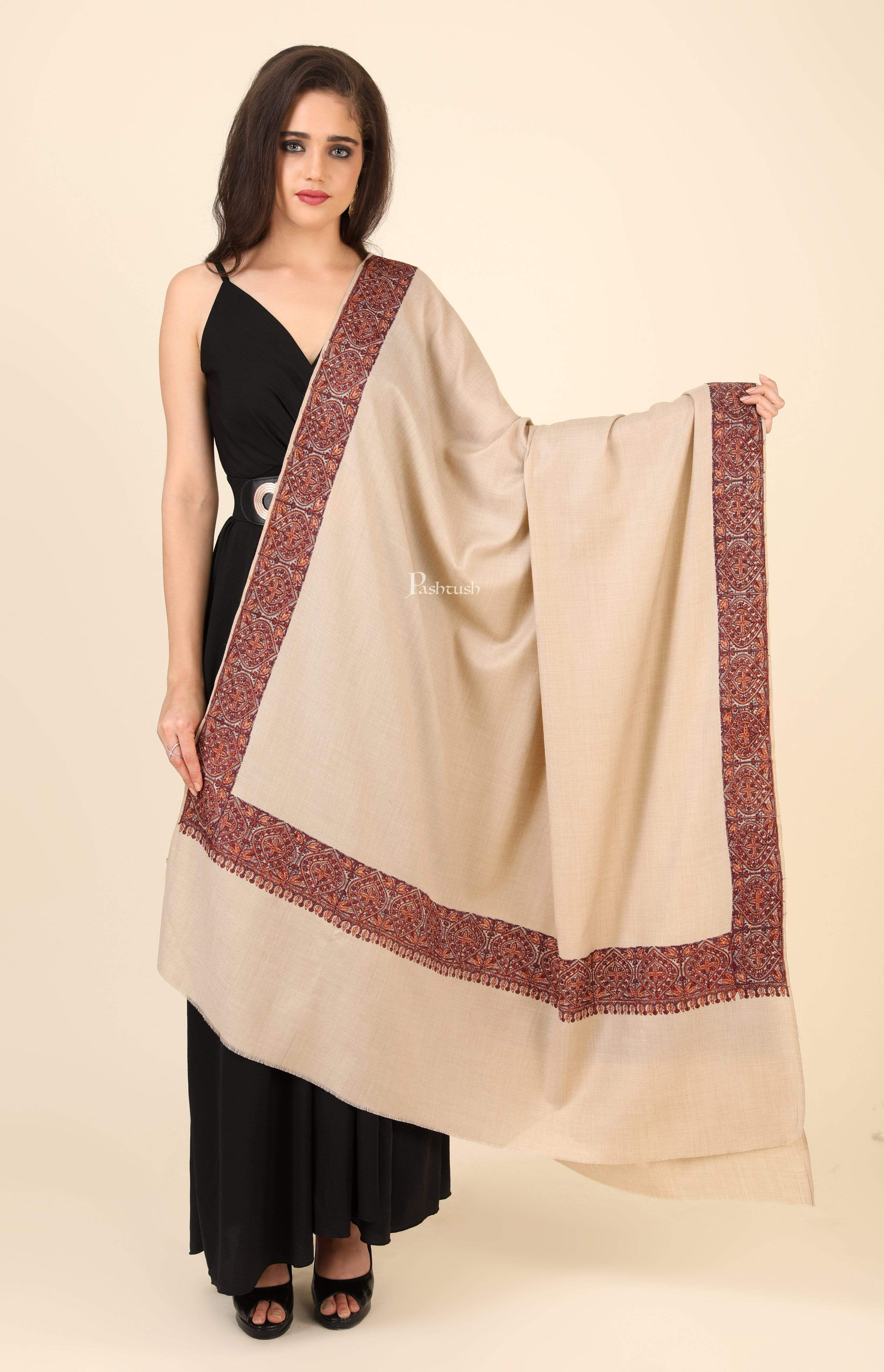Pashtush Women'S Wool Shawl Embroidered Border, Beige - Image 3