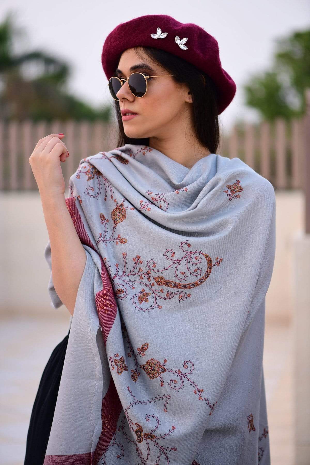 Pashtush Womens Wool Shawl With 100% Hand Embroidery, Large Wrap Shawl
