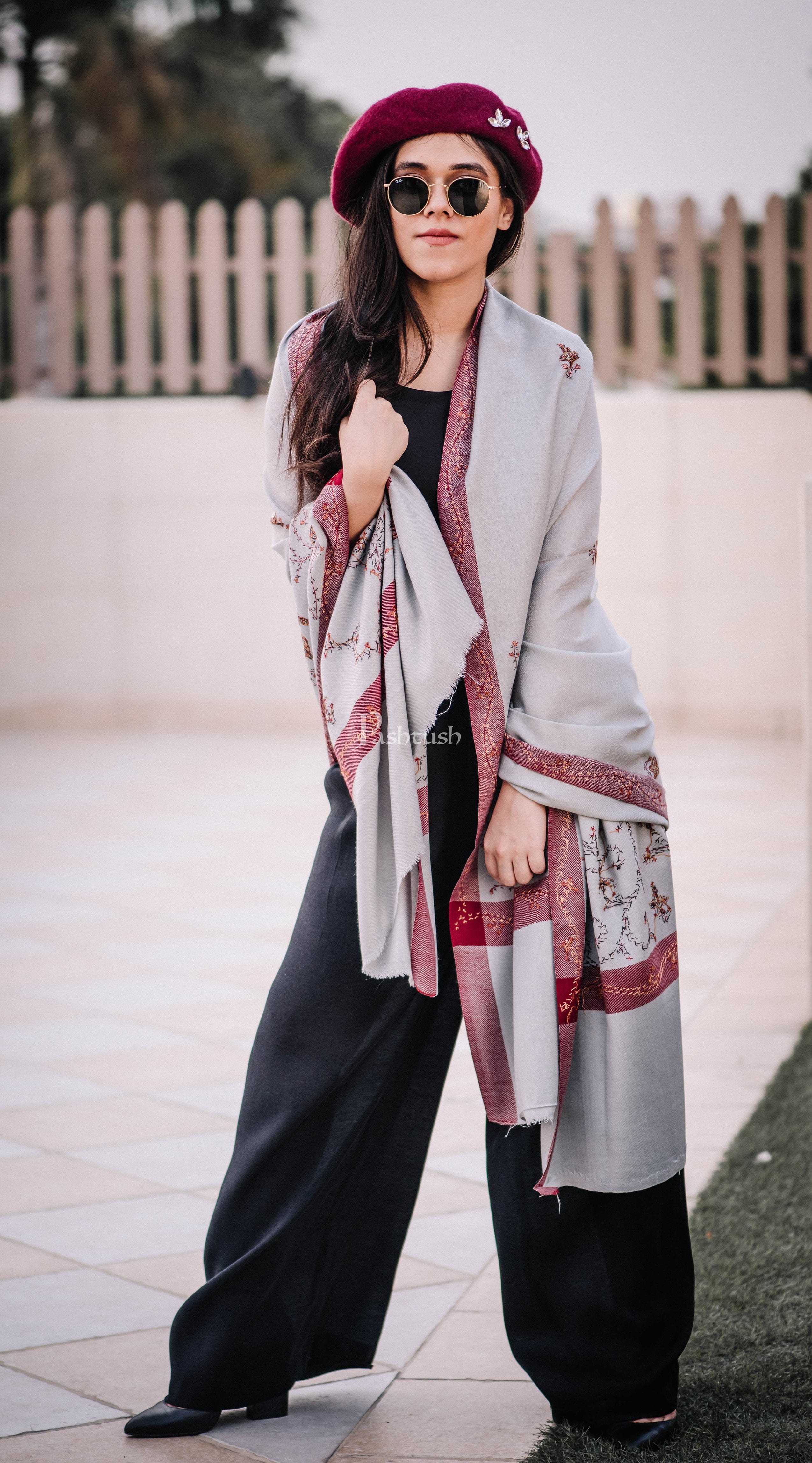 Pashtush Womens Wool Shawl With 100% Hand Embroidery, Large Wrap Shawl - Image 3
