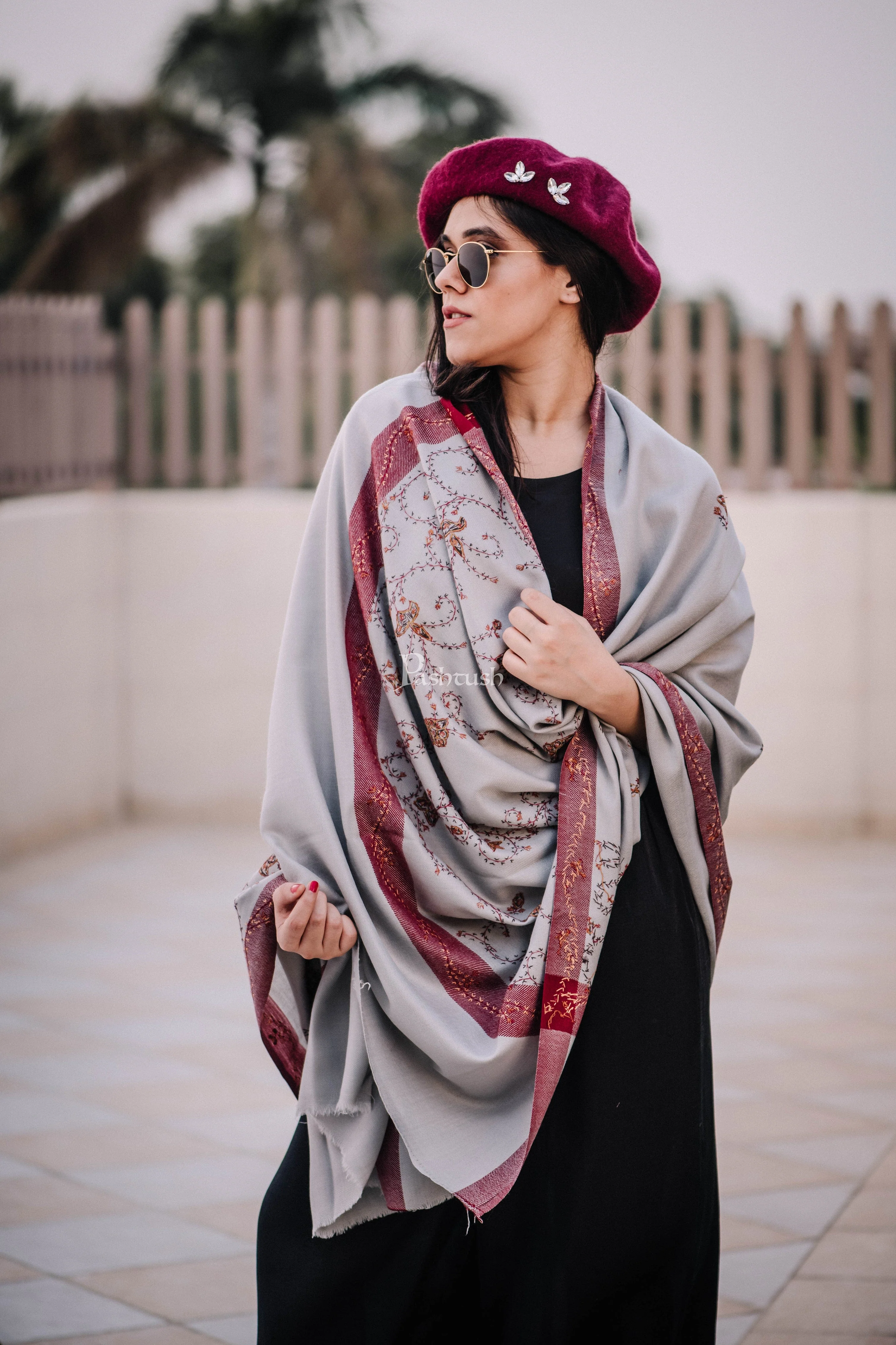 Pashtush Womens Wool Shawl With 100% Hand Embroidery, Large Wrap Shawl - Image 4
