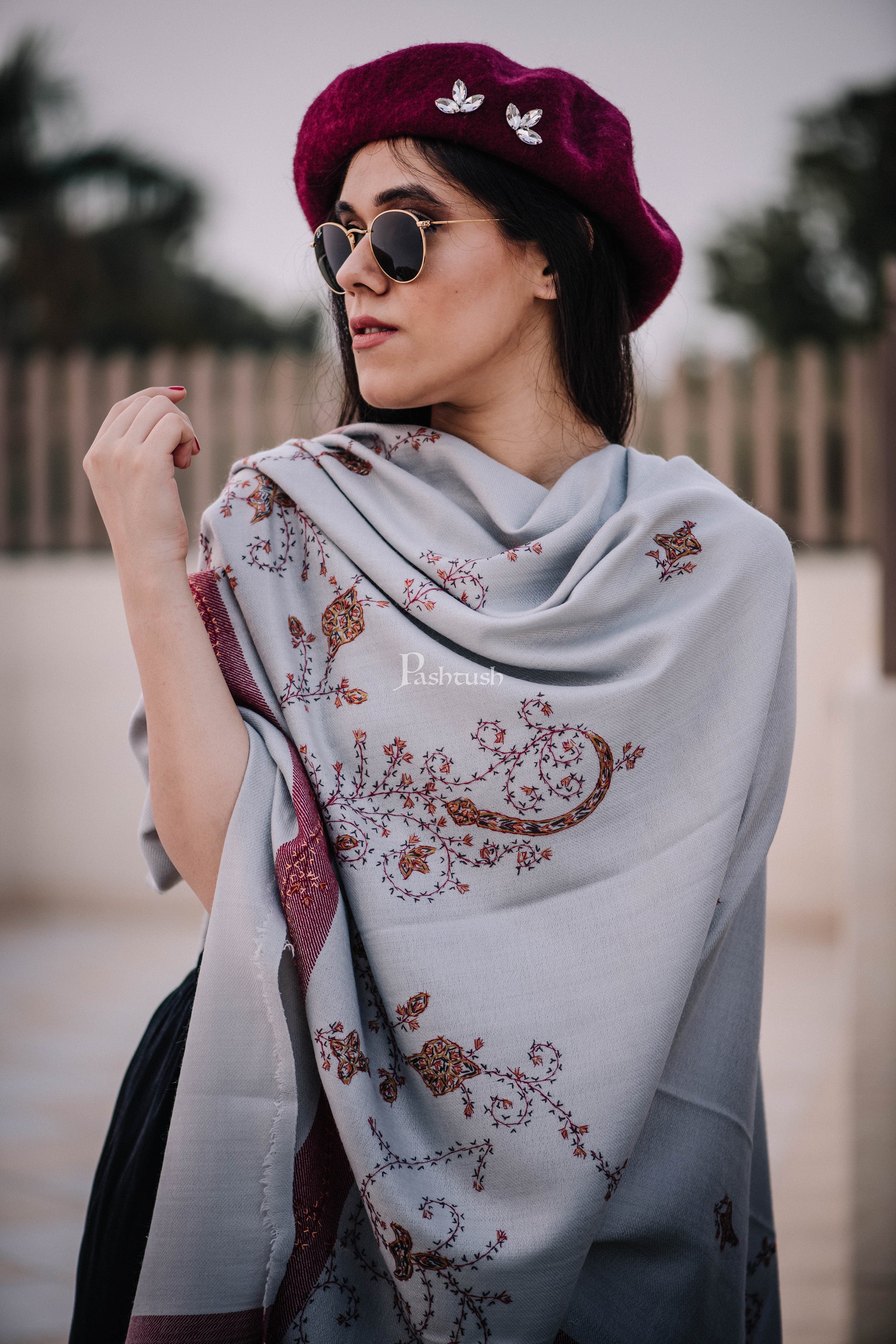 Pashtush Womens Wool Shawl With 100% Hand Embroidery, Large Wrap Shawl - Image 5