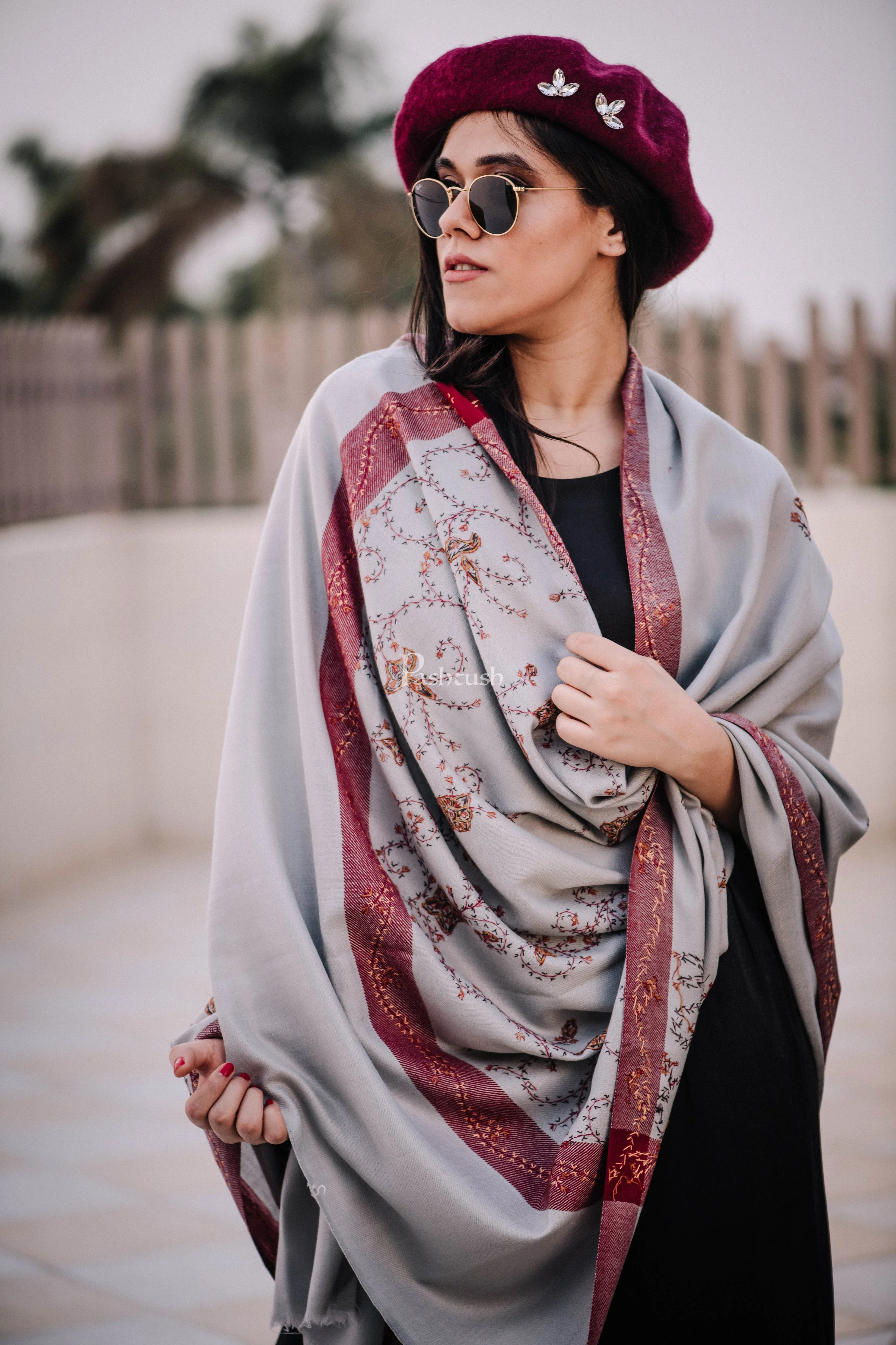 Pashtush Womens Wool Shawl With 100% Hand Embroidery, Large Wrap Shawl - Image 6