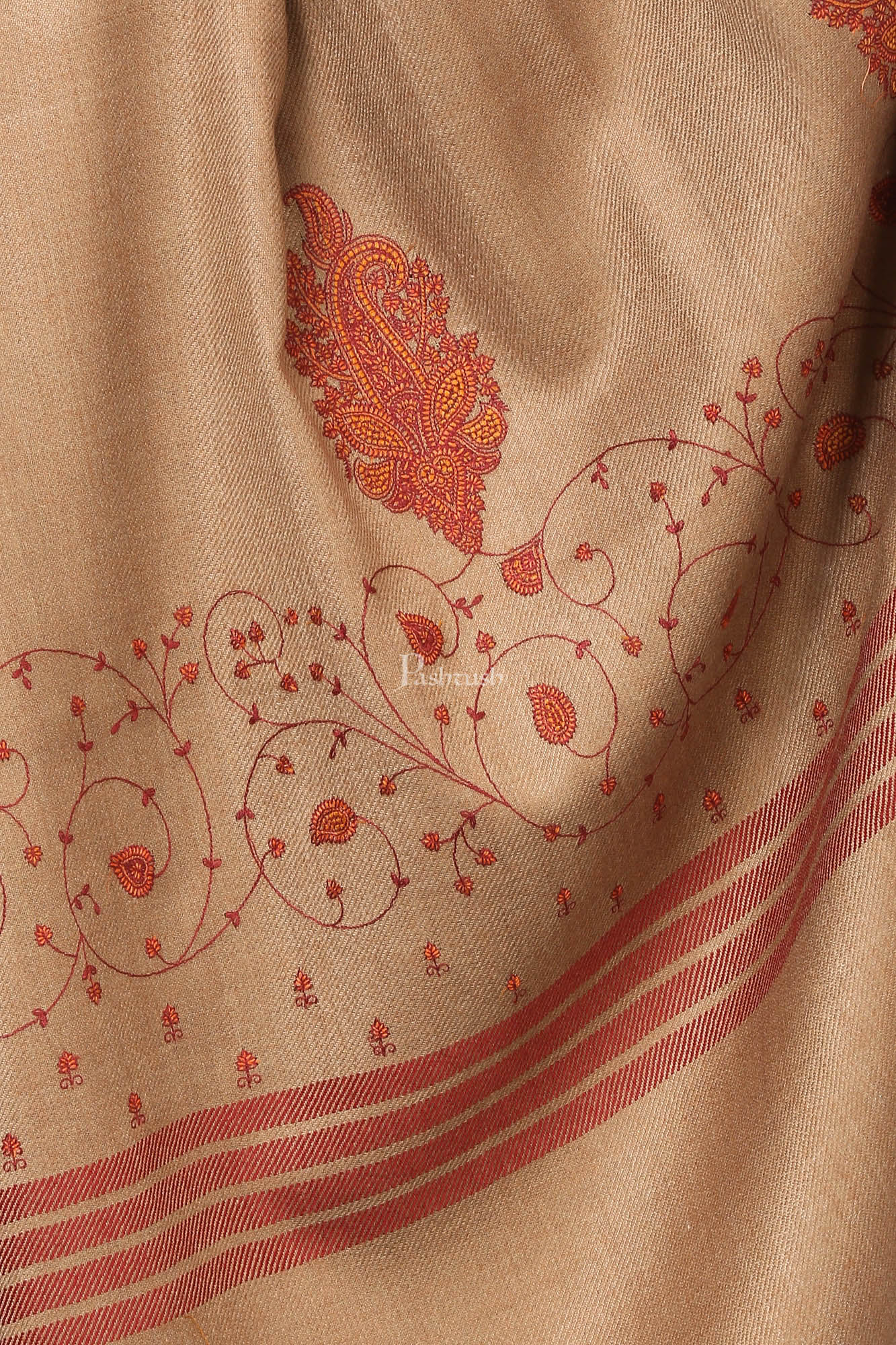 Pashtush Women'S Wool Shawl With Embroidery (Taupe , Large Size) - Image 3