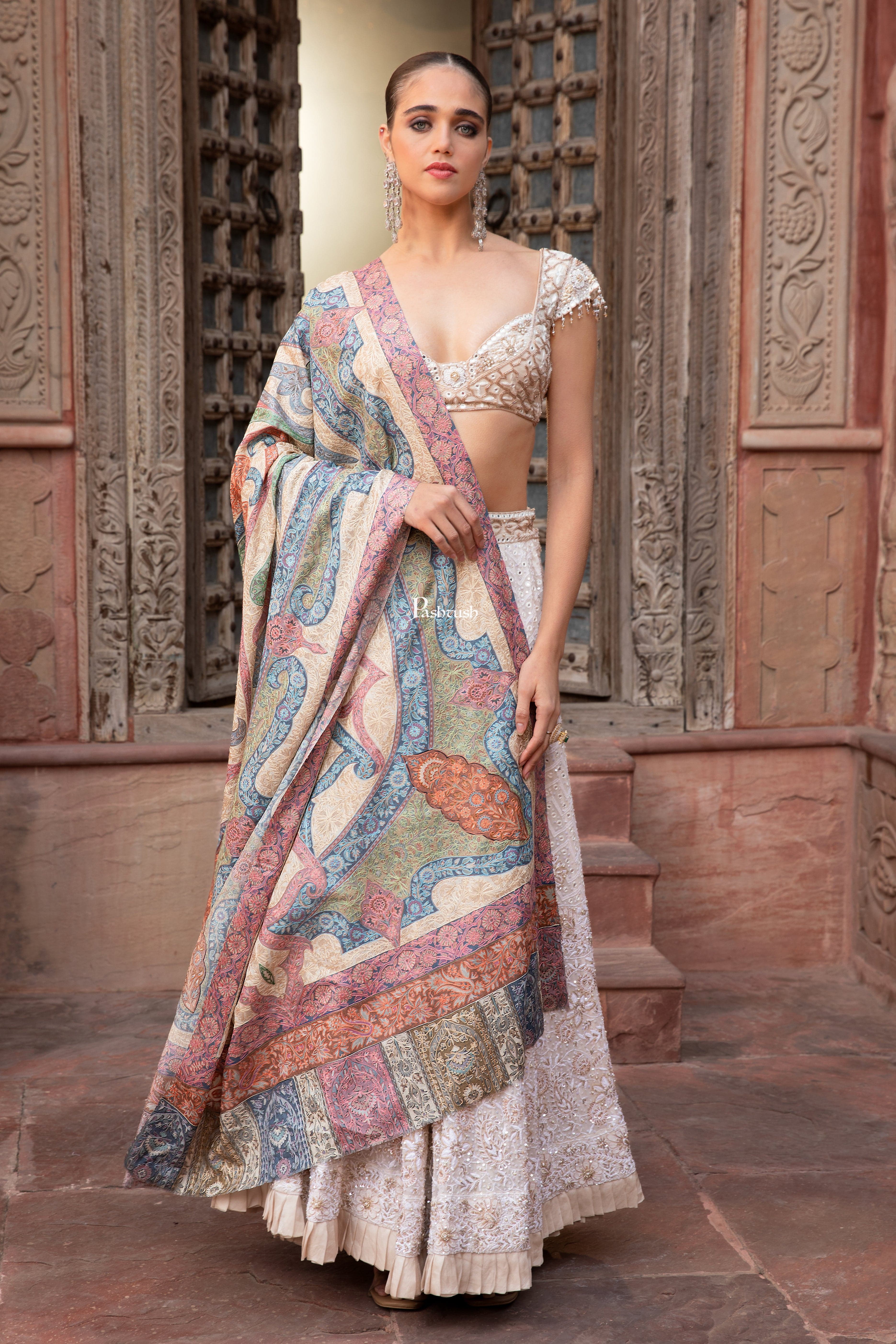 Pashtush Womens Wool Silk Shawl, Kalamkari Embroidery Design, Multicolour