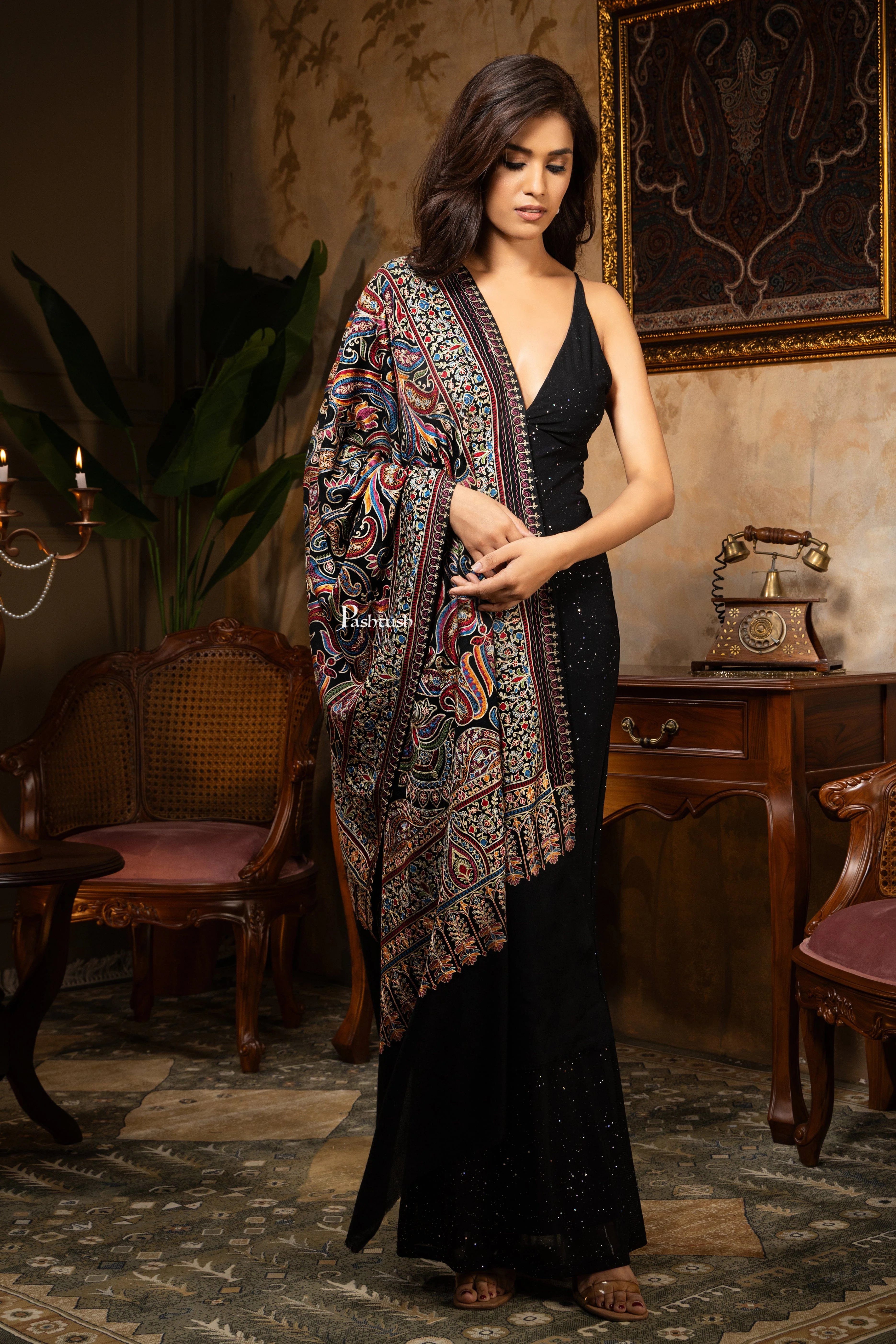Pashtush Womens Wool Silk Stole, Silky Embroidery, Fine Stitch Design, Black - Image 5