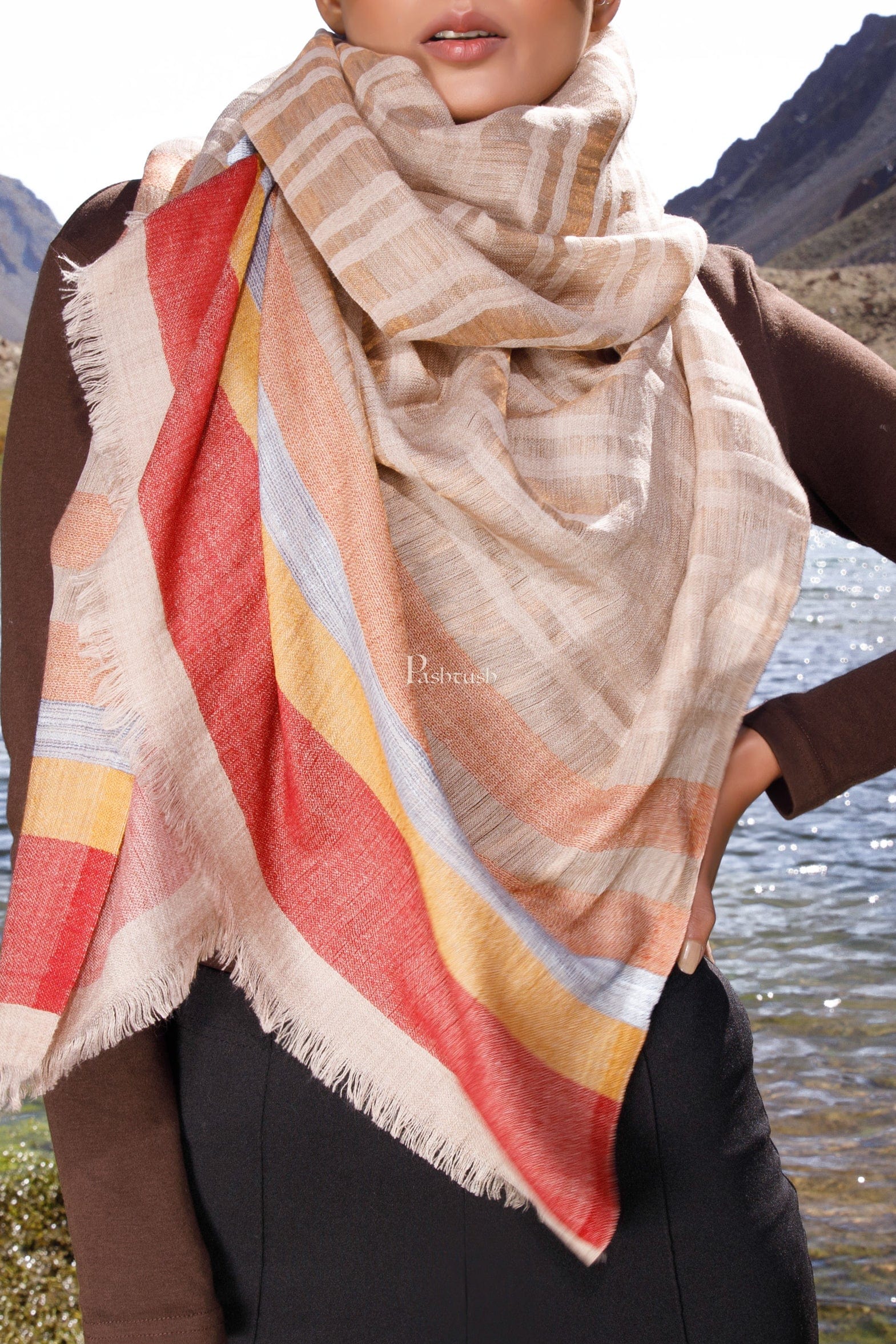 Pashtush Womens Wool Silk Stole, Twilight Collection, Soft Woven Stripes Design, Earthy Tan - Image 2
