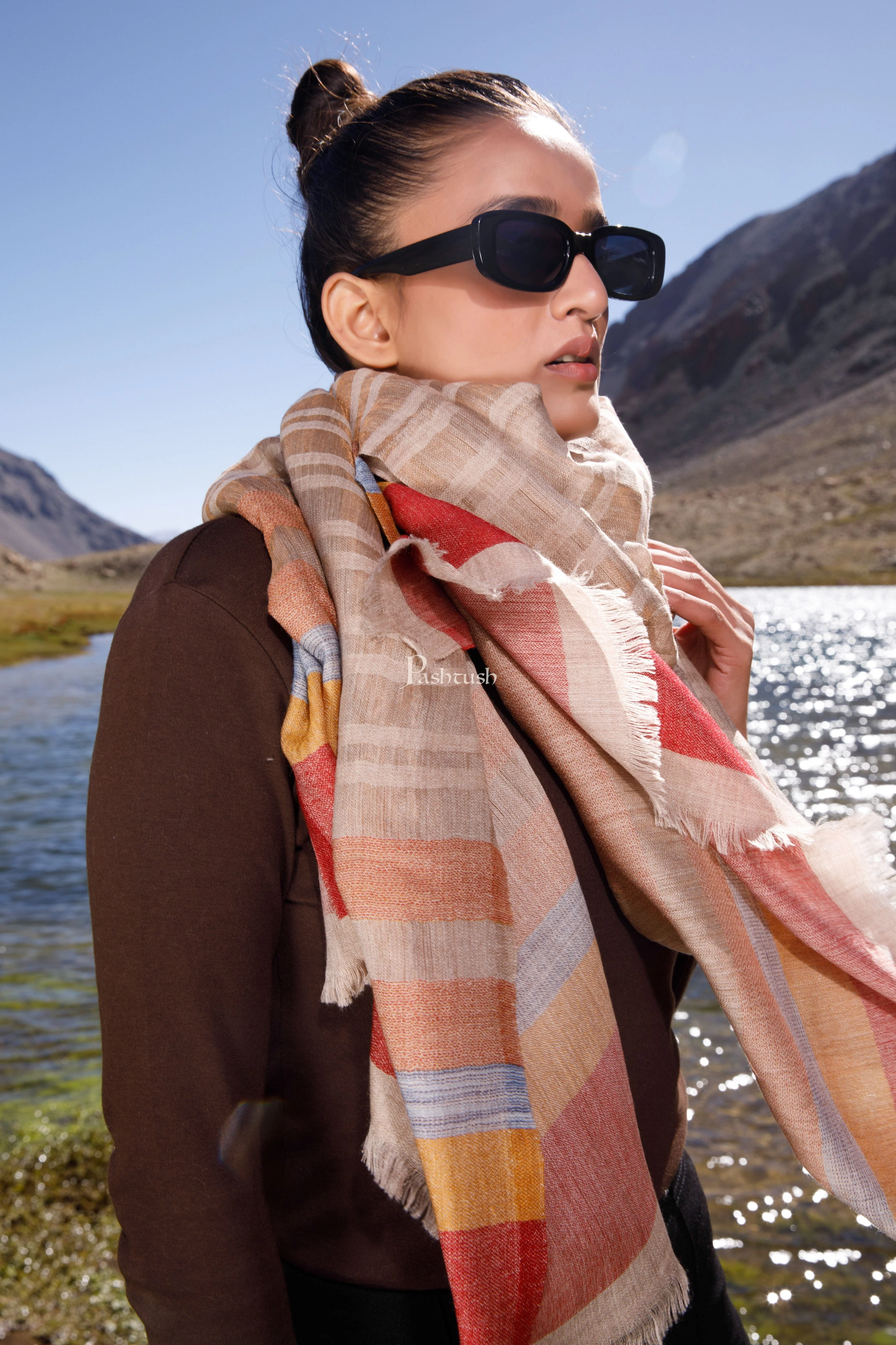 Pashtush Womens Wool Silk Stole, Twilight Collection, Soft Woven Stripes Design, Earthy Tan - Image 4
