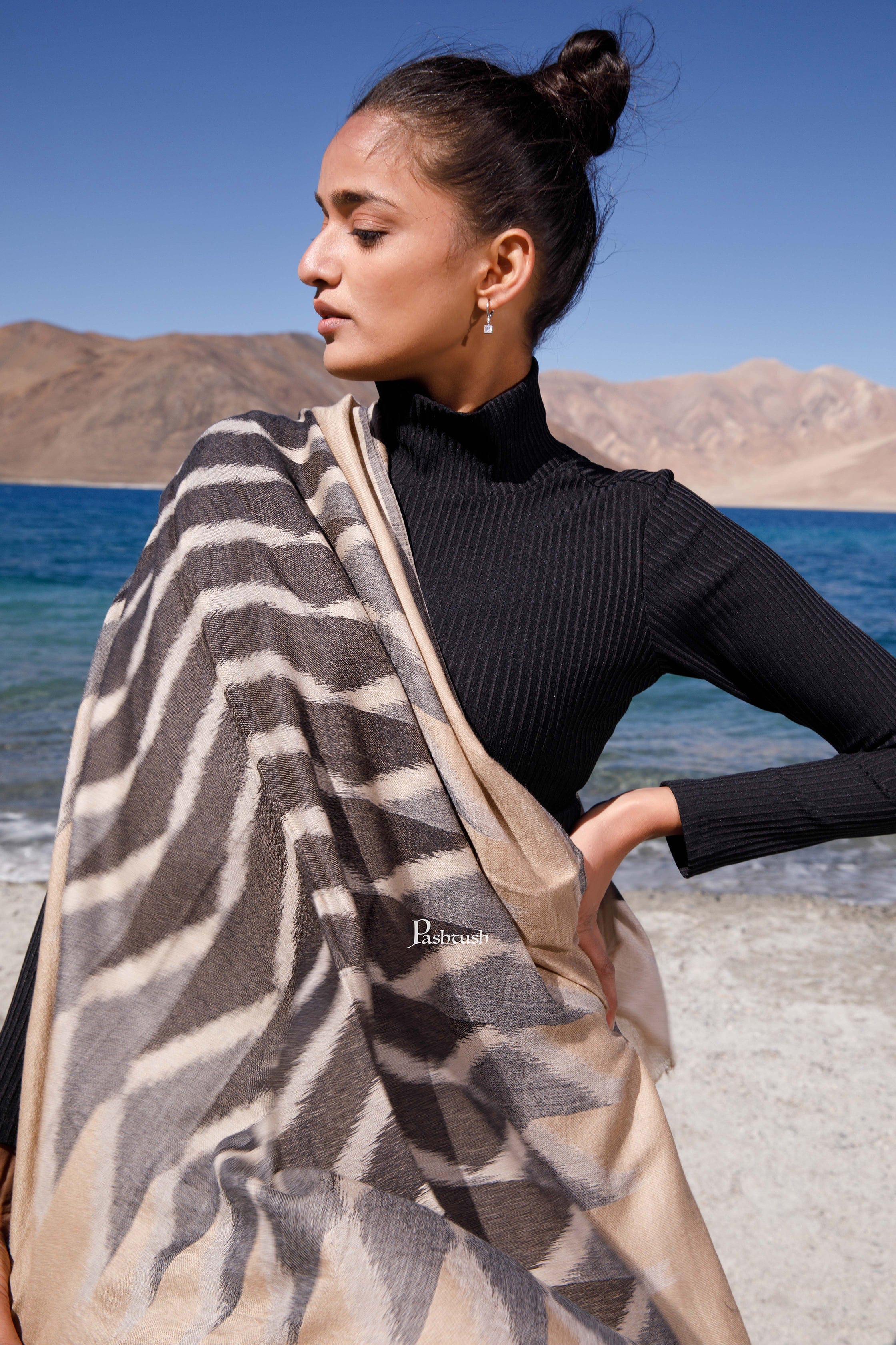 Pashtush Womens Wool Silk Stole, Woven Striped Melange Design, Beige And Black