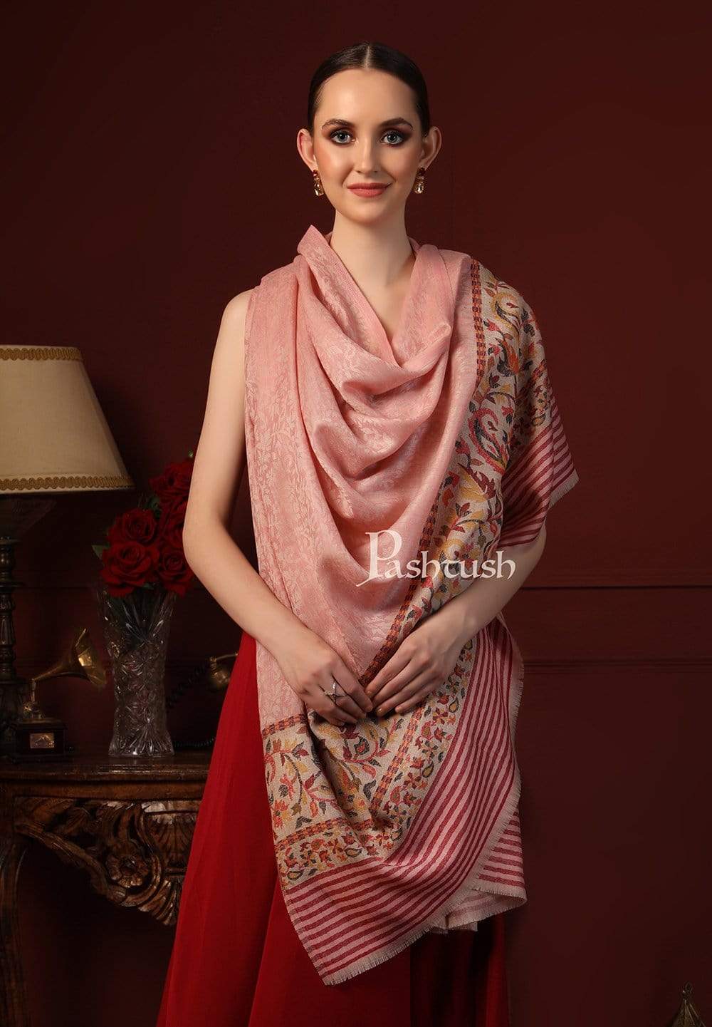 Pashtush Women'S Soft Wool Cashmere Blended Shawl, Ethnic Palla, Blush Pink - Image 8