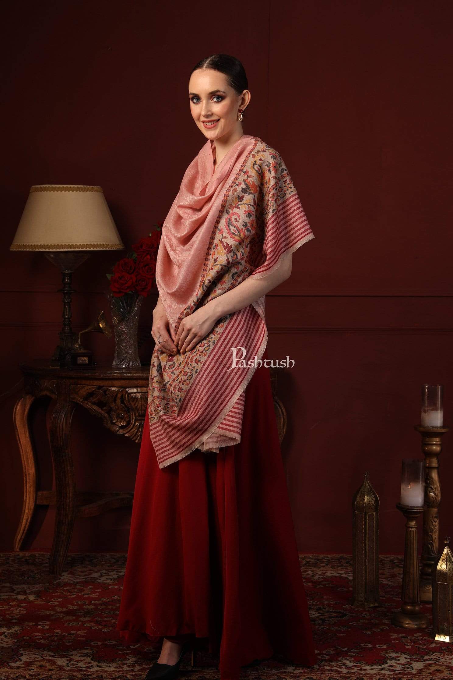 Pashtush Women'S Soft Wool Cashmere Blended Shawl, Ethnic Palla, Blush Pink - Image 9