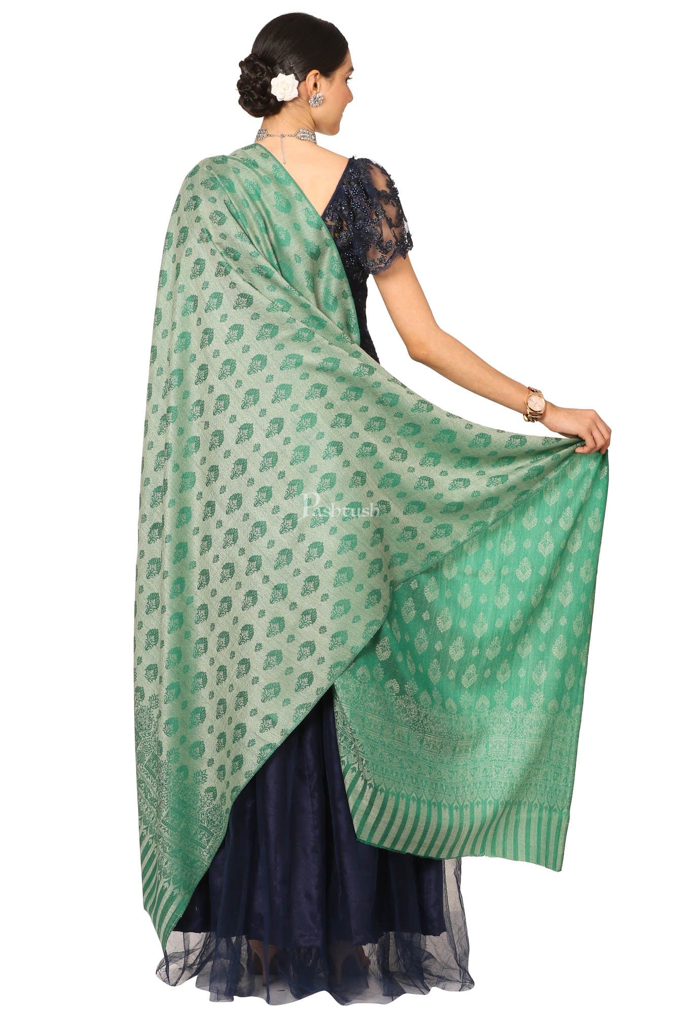 Pashtush Women'S Wool Ultra Soft Fine Wool Cashmere Blended Shawl - Green - Image 3