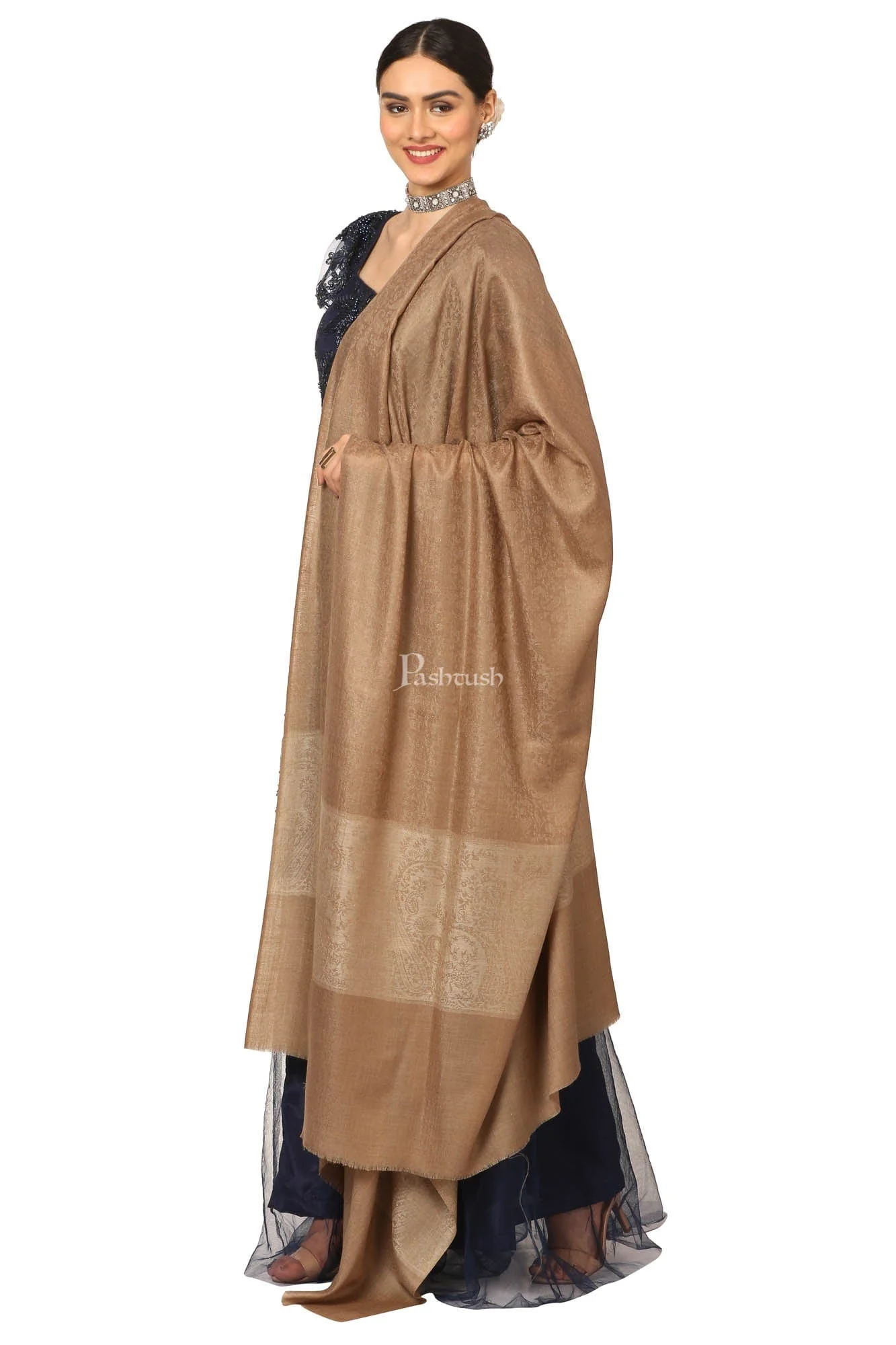 Pashtush Women'S Wool Ultra Soft Fine Wool Cashmere Blended Shawl - Taupe - Image 5