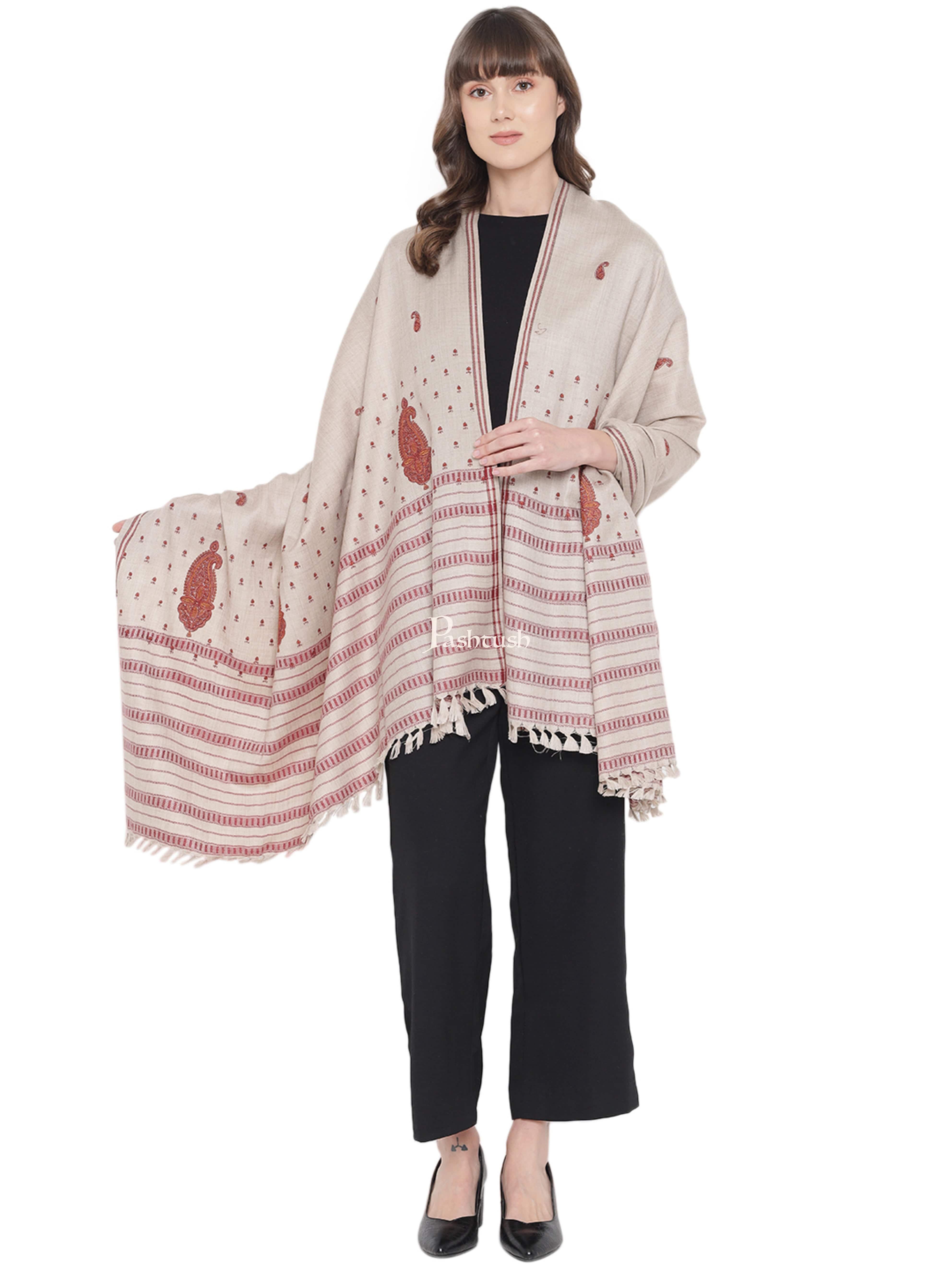 Pashtush Womens Woollen Embroidery Shawl, Beige