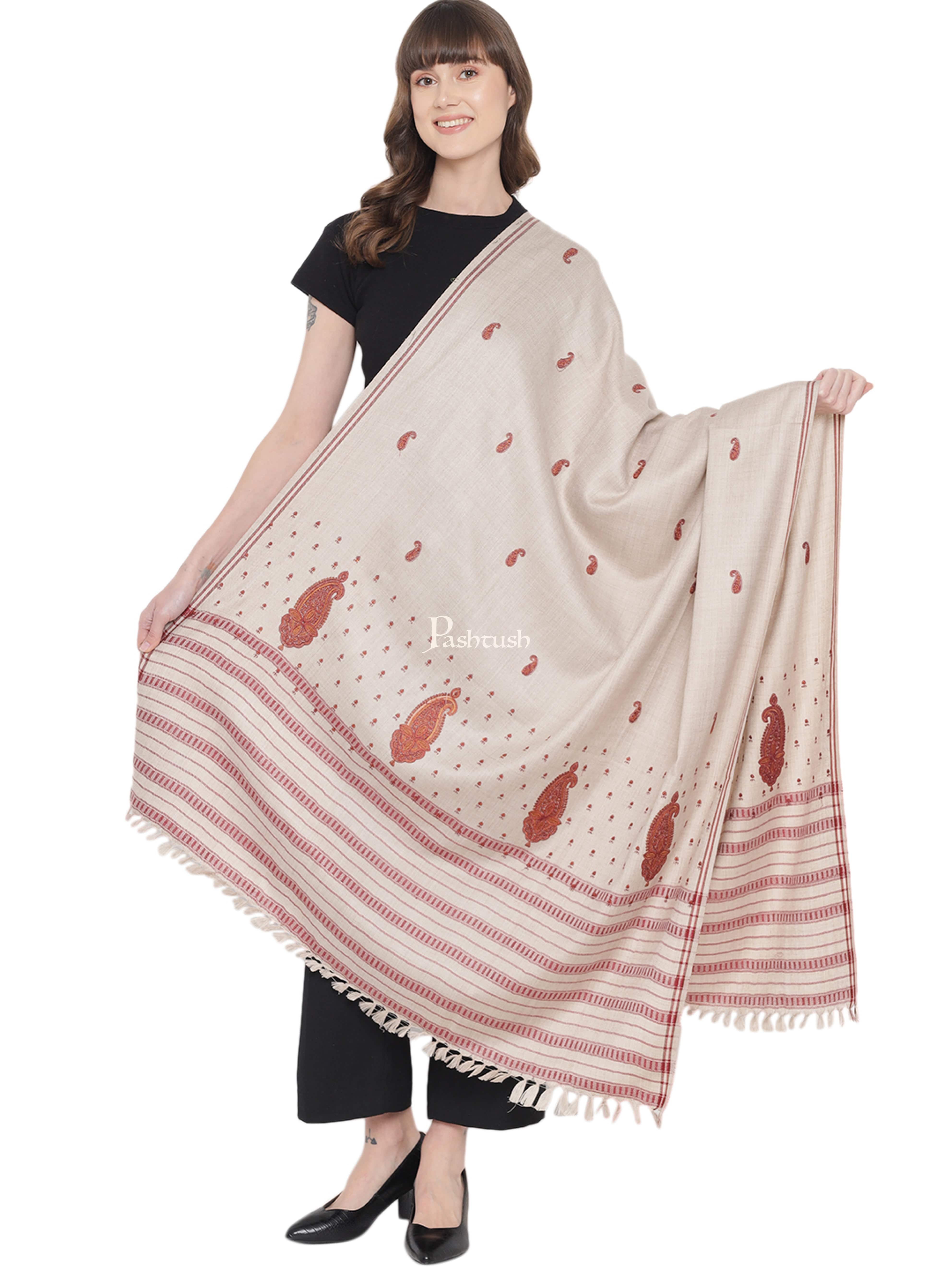Pashtush Womens Woollen Embroidery Shawl, Beige - Image 3