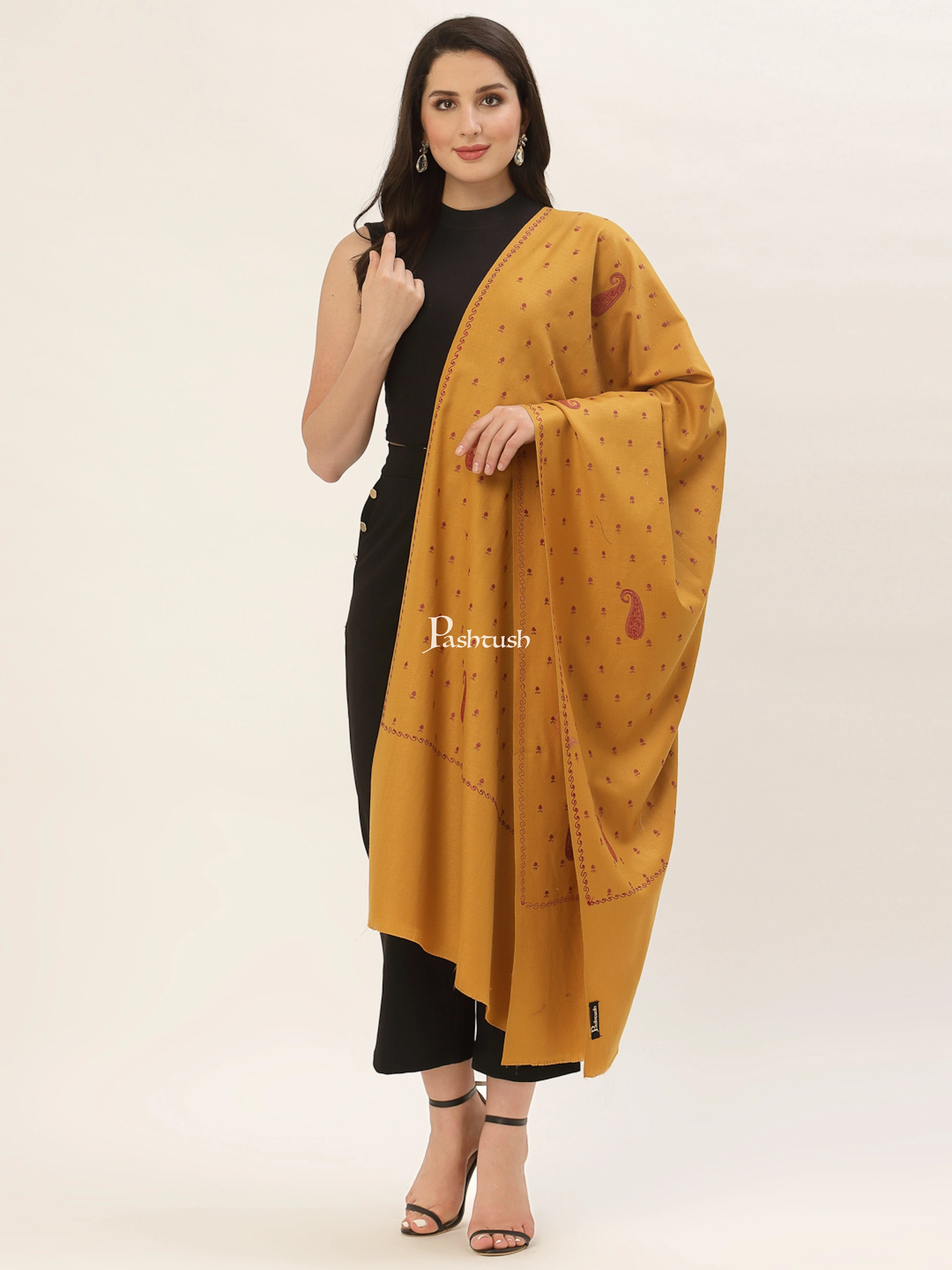 Pashtush Womens Woollen Kashmiri Embroidery Shawl, Mustard - Image 5