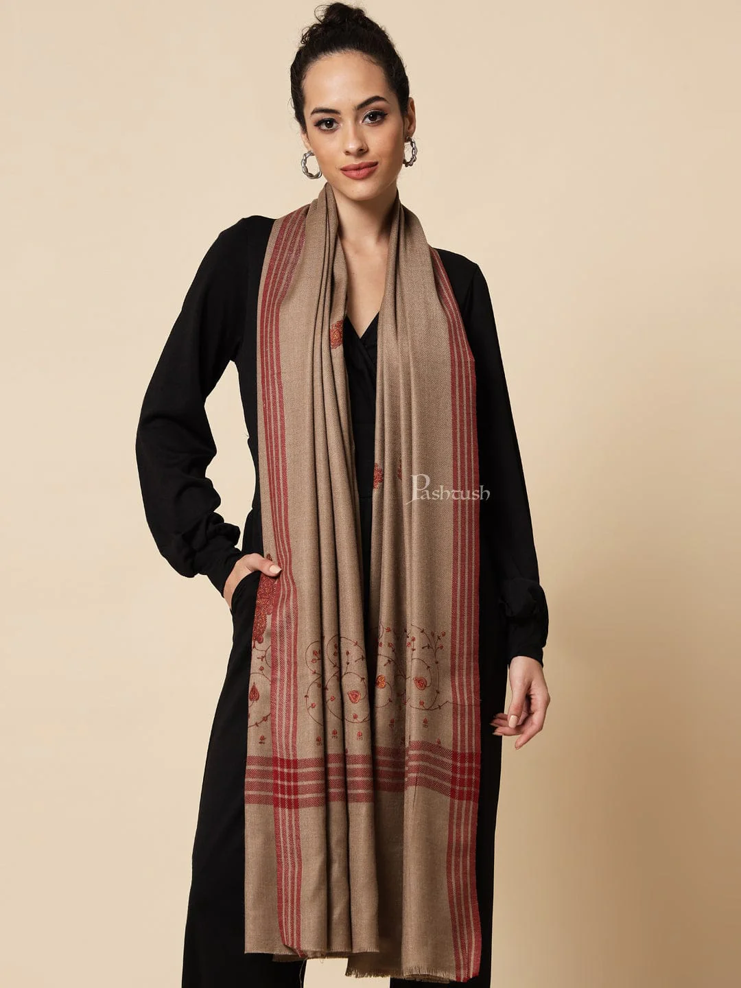 Pashtush womens Woollen shawl, Embroidery design, Dark beige