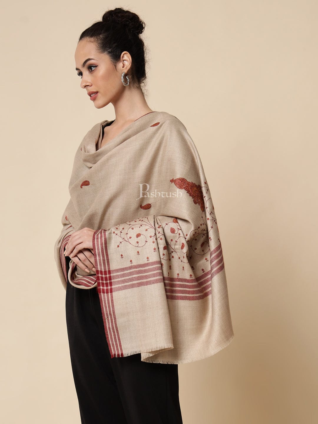 Pashtush womens Woollen shawl, Embroidery design, Light Beige - Image 2