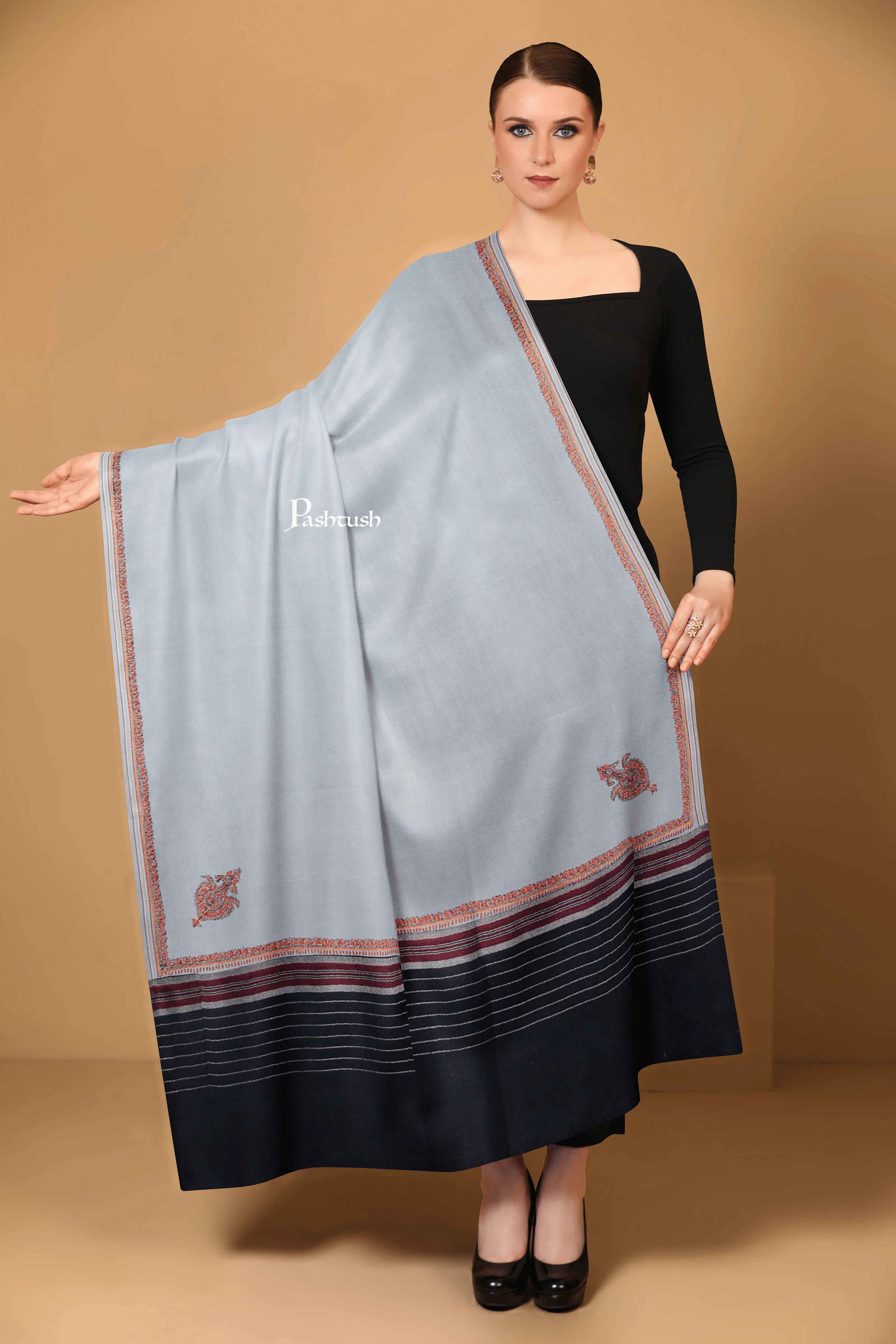 Pashtush Womens Woollen Shawl, Hand Embroidered Kingri Design, Grey