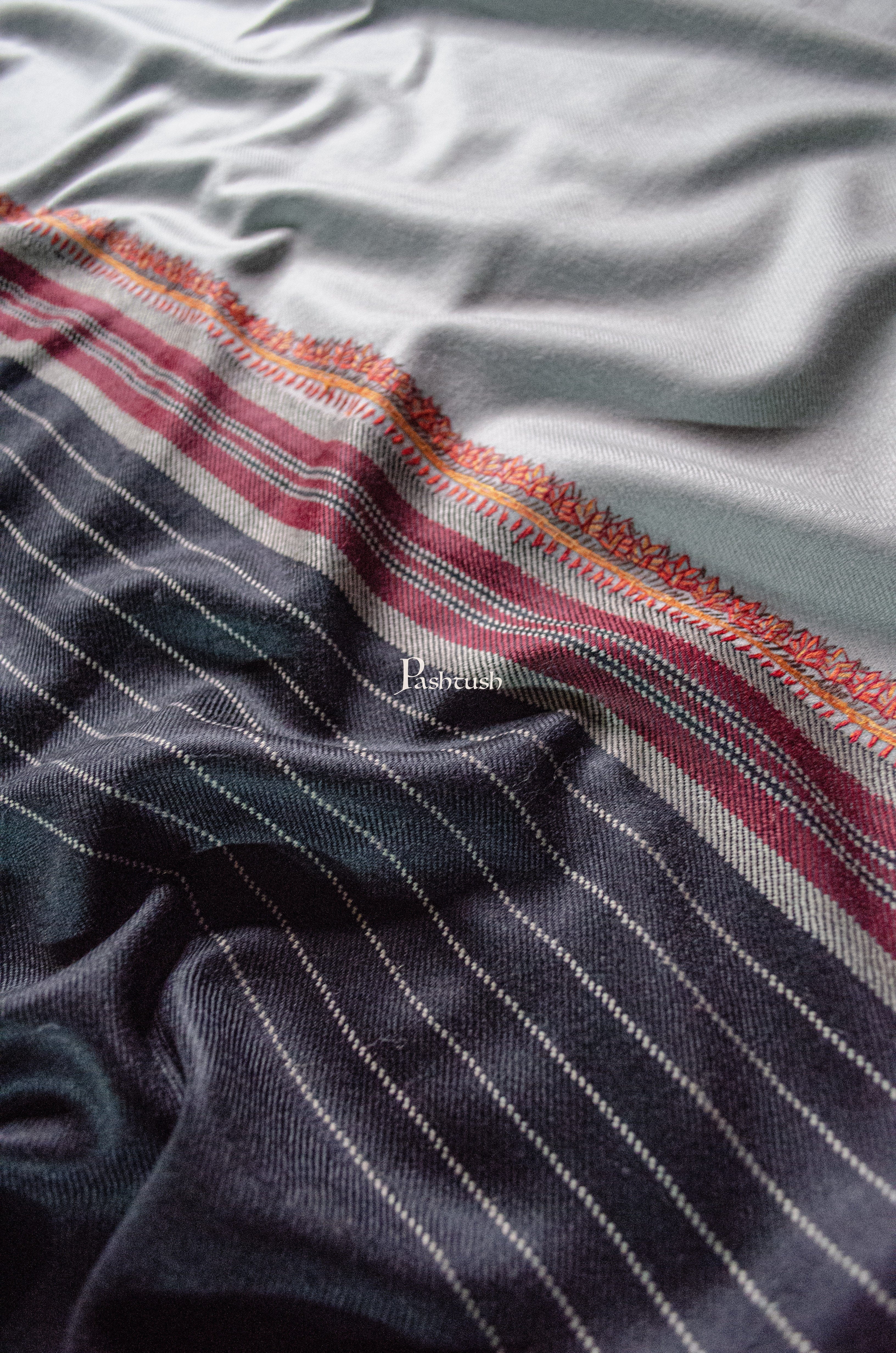 Pashtush Womens Woollen Shawl, Hand Embroidered Kingri Design, Grey - Image 4
