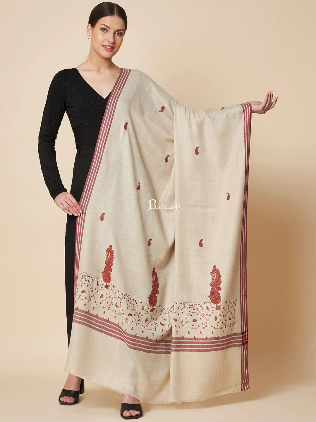 Pashtush Womens Woollen Shawl, Kashmiri Embroidery Design Design, Beige