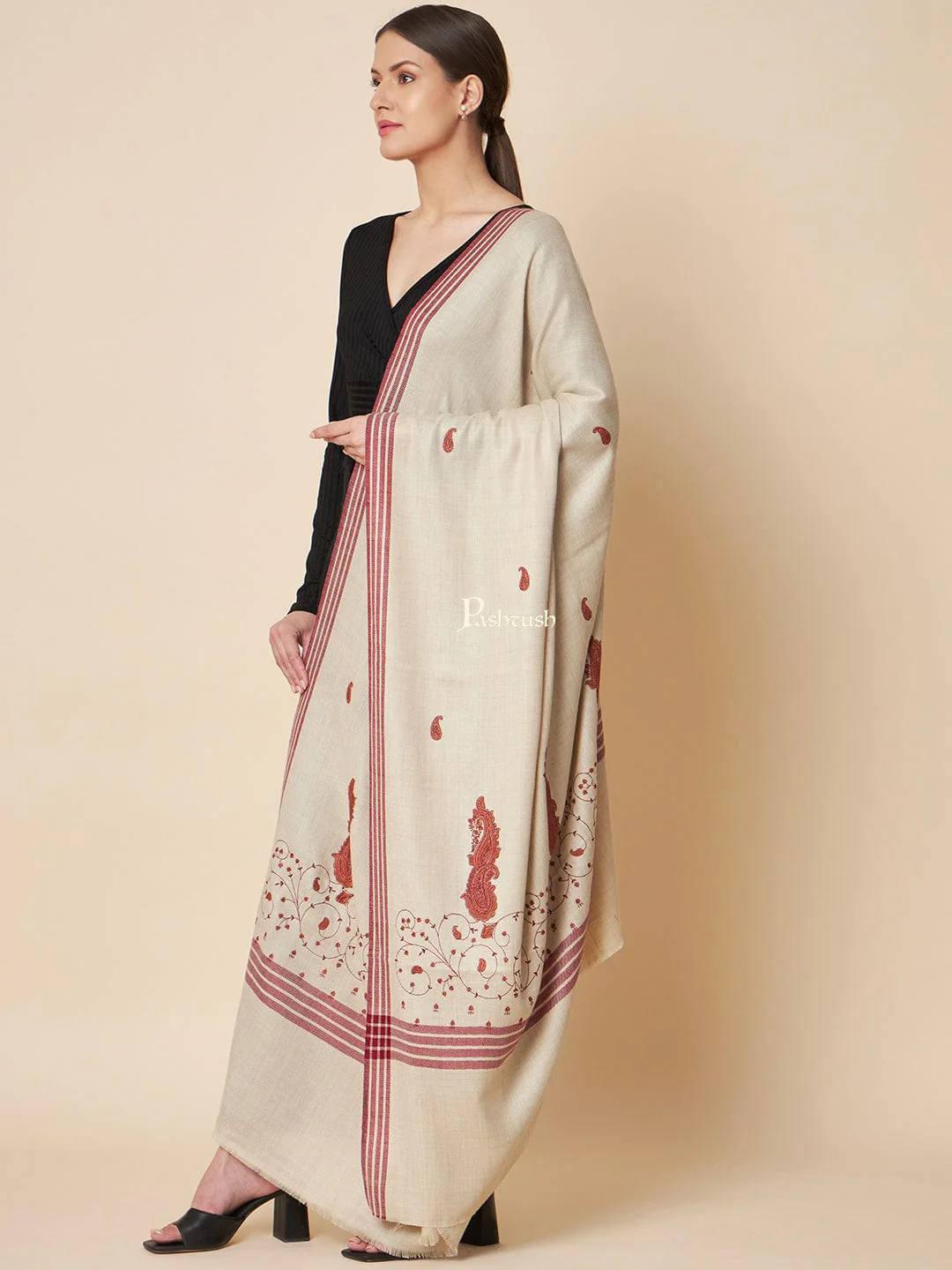 Pashtush Womens Woollen Shawl, Kashmiri Embroidery Design Design, Beige - Image 2
