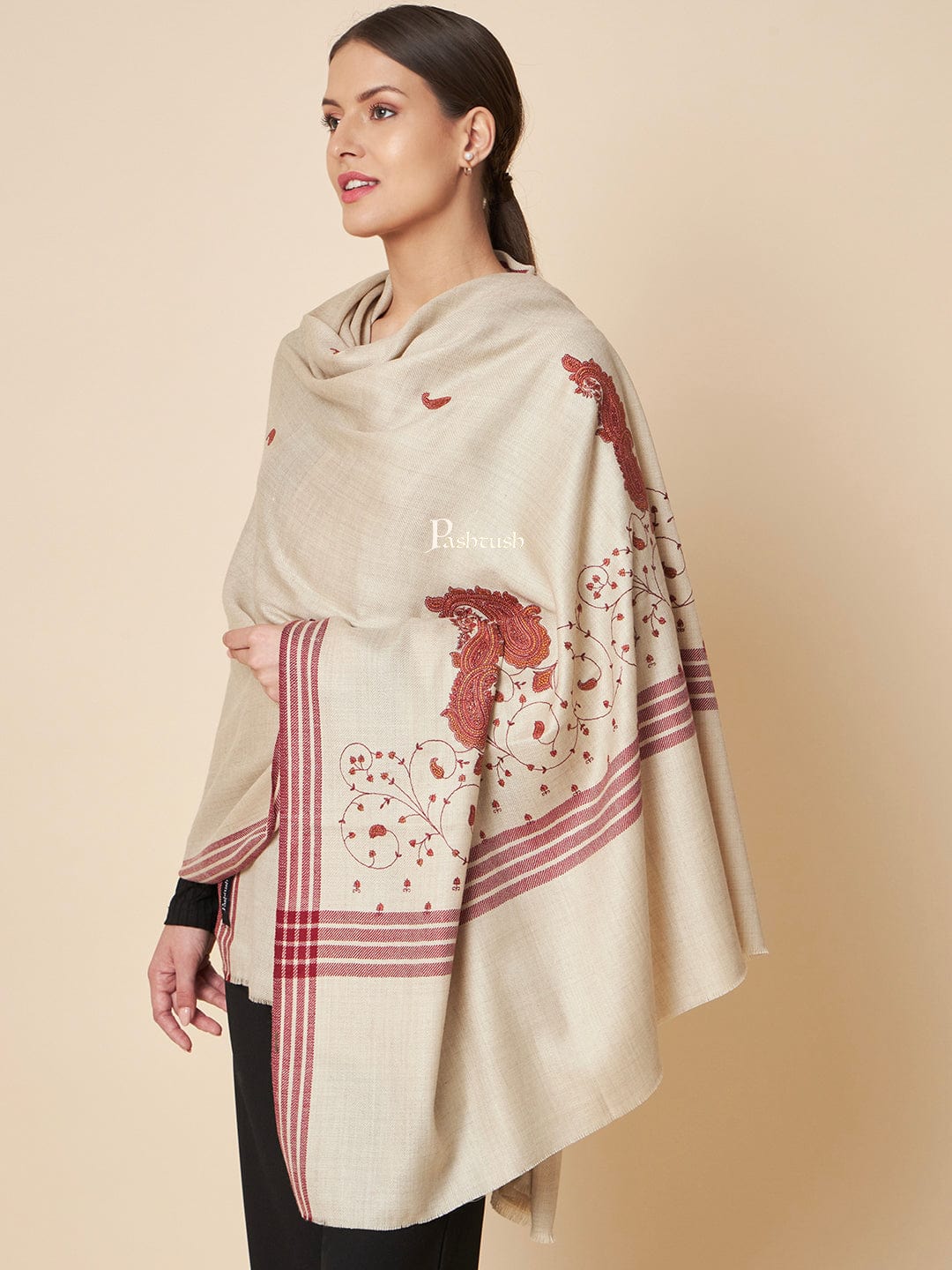 Pashtush Womens Woollen Shawl, Kashmiri Embroidery Design Design, Beige - Image 4