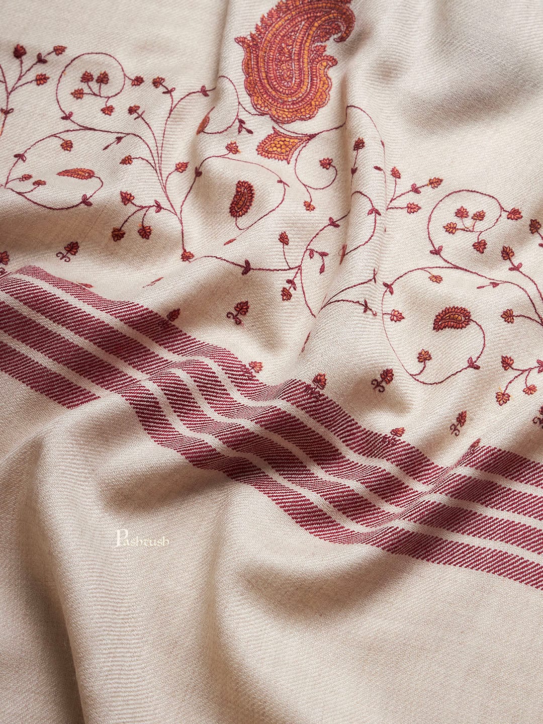 Pashtush Womens Woollen Shawl, Kashmiri Embroidery Design Design, Beige - Image 5