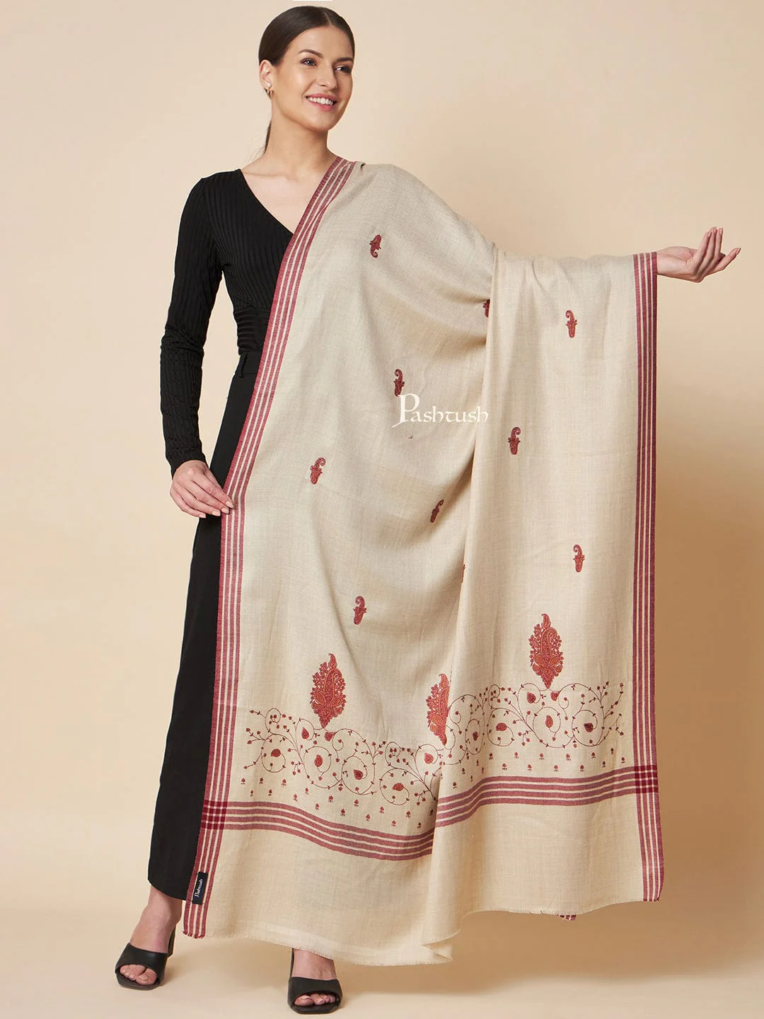Pashtush Womens Woollen Shawl, Kashmiri Embroidery Design Design, Taupe