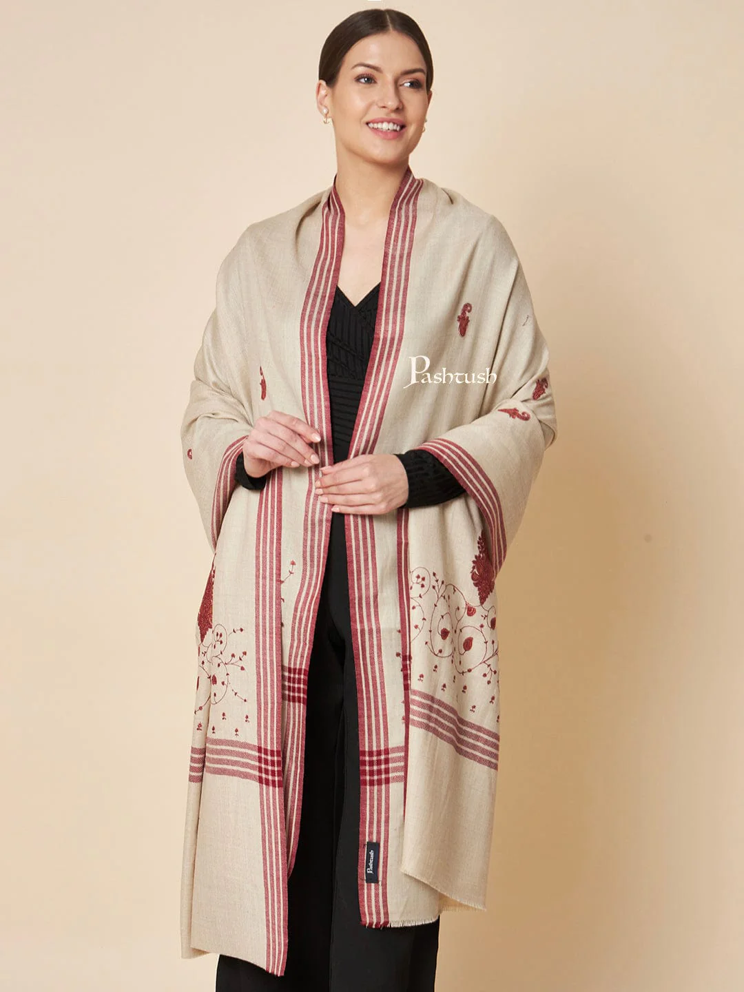 Pashtush Womens Woollen Shawl, Kashmiri Embroidery Design Design, Taupe - Image 3