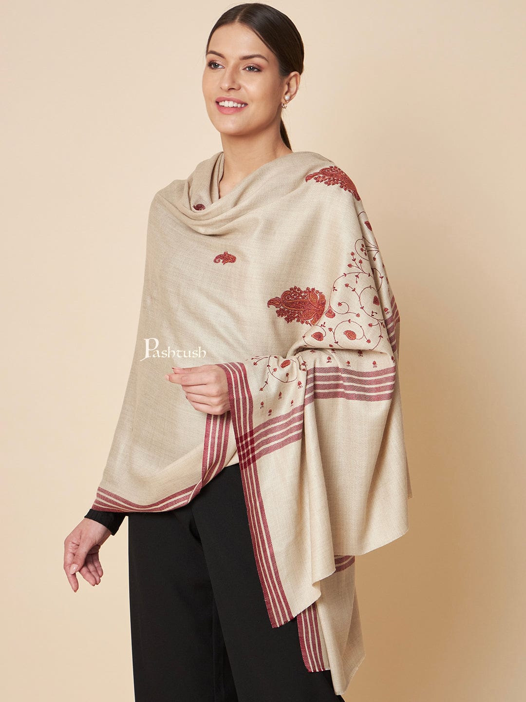 Pashtush Womens Woollen Shawl, Kashmiri Embroidery Design Design, Taupe - Image 4