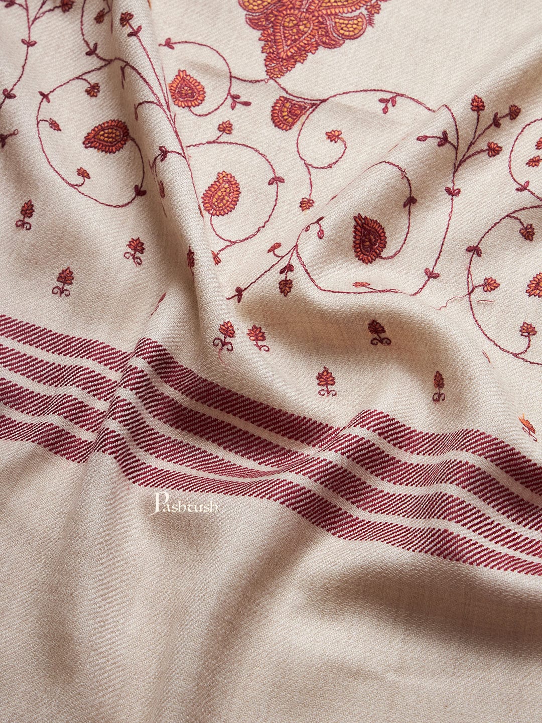Pashtush Womens Woollen Shawl, Kashmiri Embroidery Design Design, Taupe - Image 6