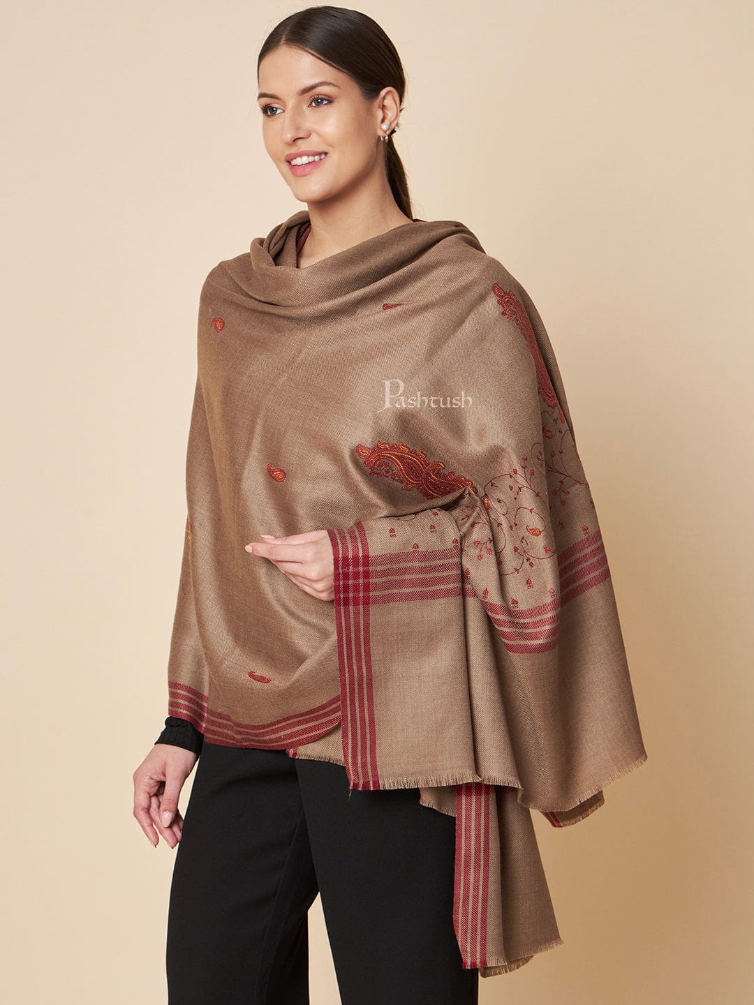Pashtush Womens Woollen Shawl, Kashmiri Embroidery Design Design, Taupe - Image 5