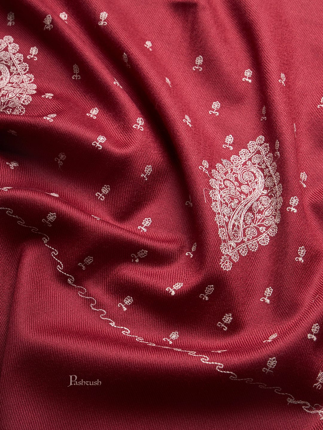 Pashtush Womens Woollen Shawl, Kashmiri Palla Embroidery Design, Maroon - Image 5