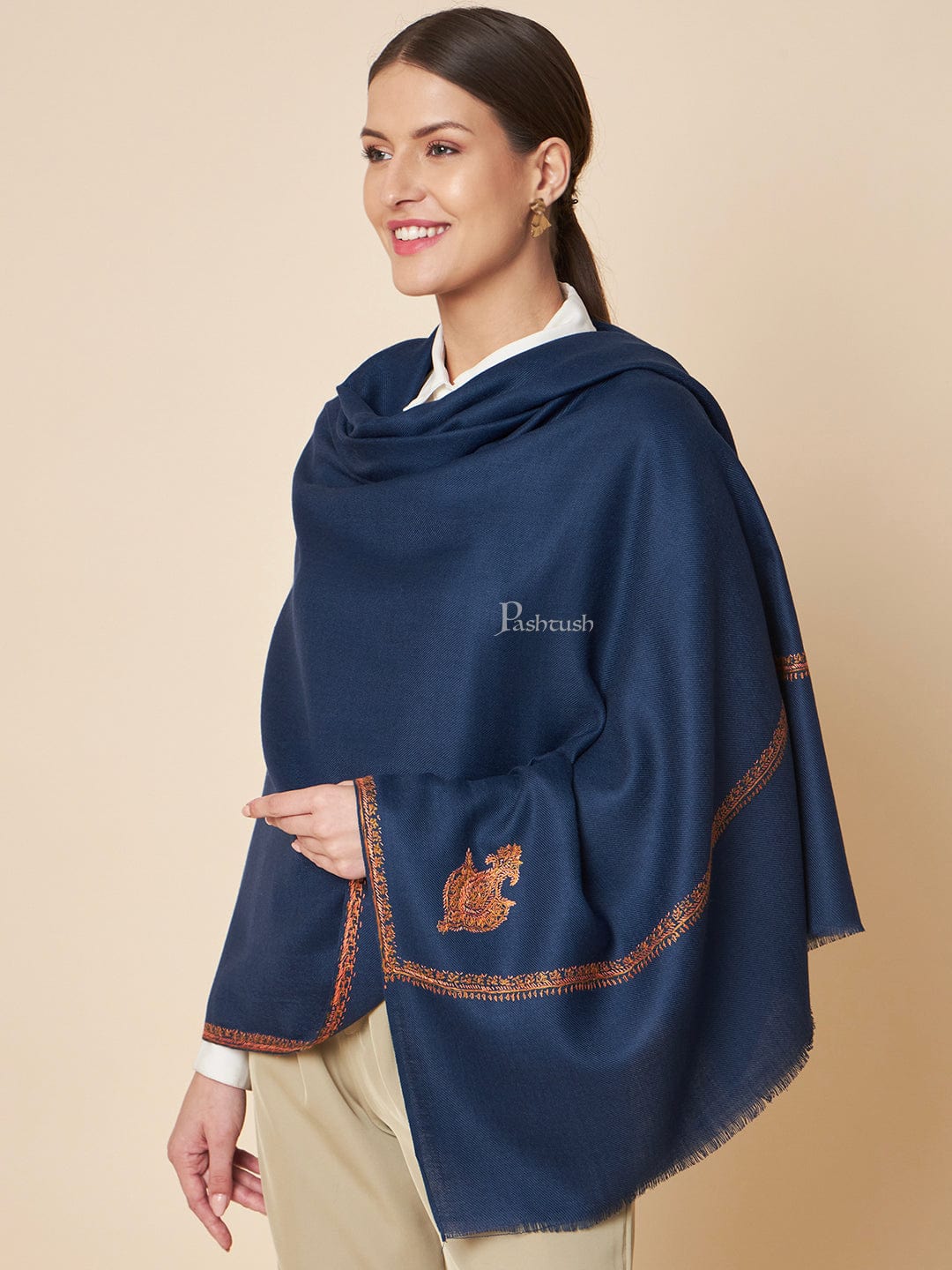 Pashtush Womens Woollen Shawl, Kingri Hand Embroidery Design, Deep Blue