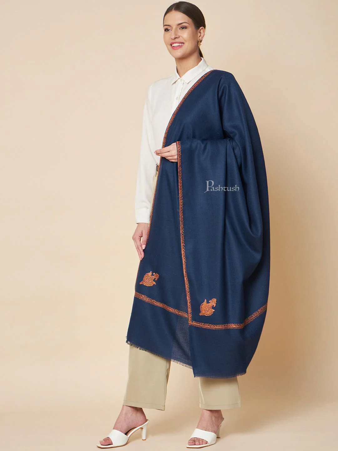 Pashtush Womens Woollen Shawl, Kingri Hand Embroidery Design, Deep Blue - Image 3