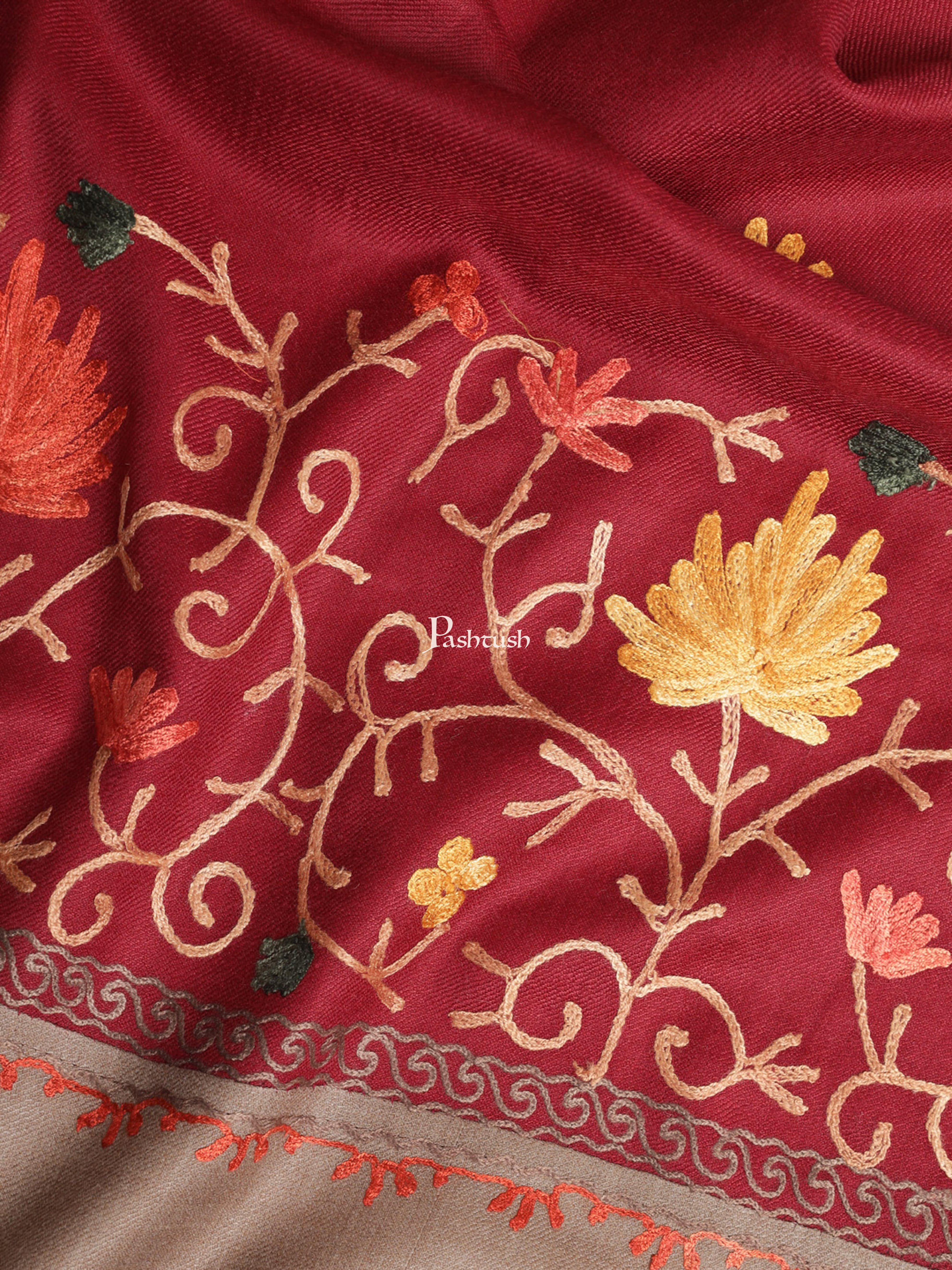 Pashtush Womens Woollen Shawl, Stitched Palla, Kashmiri Aari Embroidery, Maroon - Image 2
