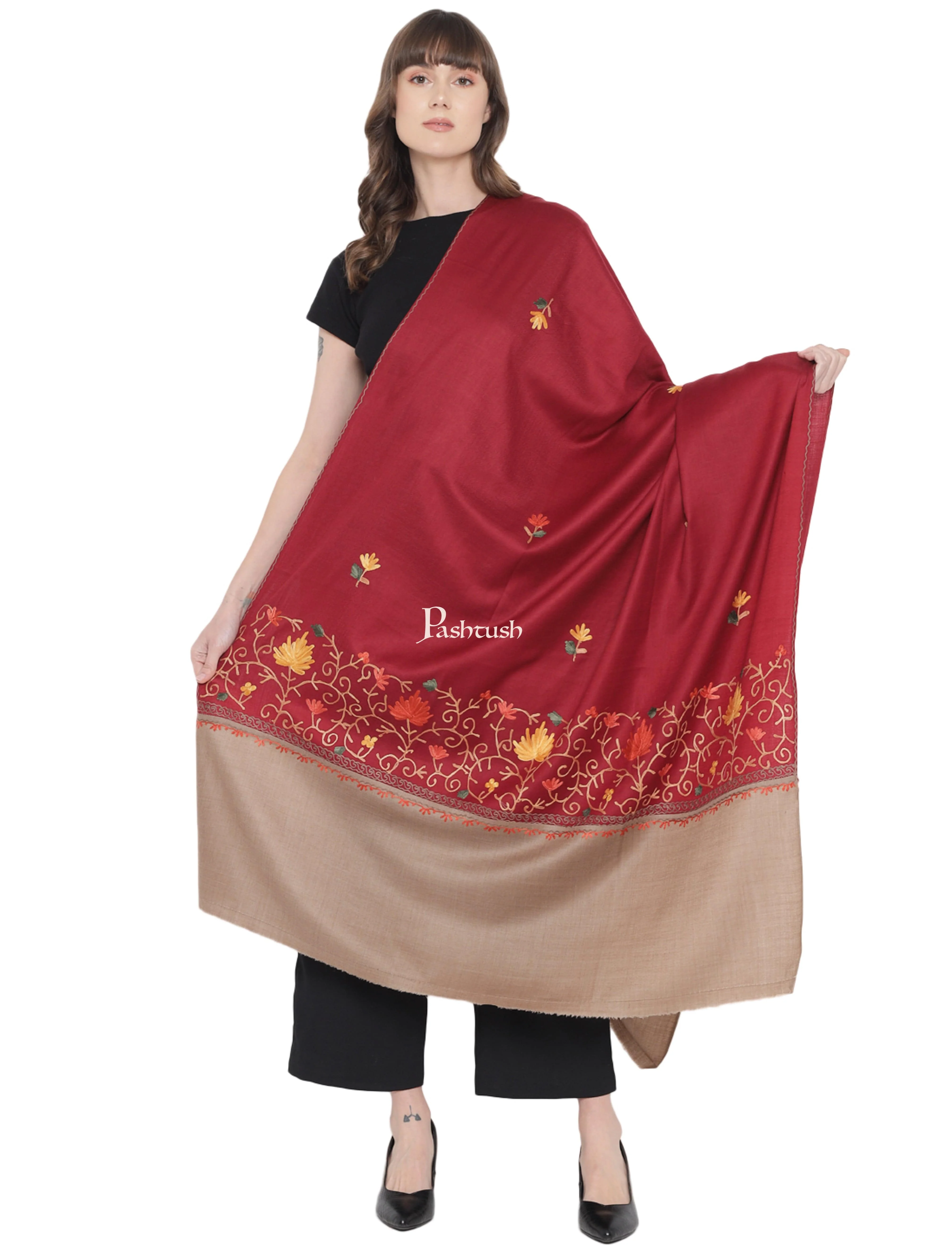 Pashtush Womens Woollen Shawl, Stitched Palla, Kashmiri Aari Embroidery, Maroon - Image 3