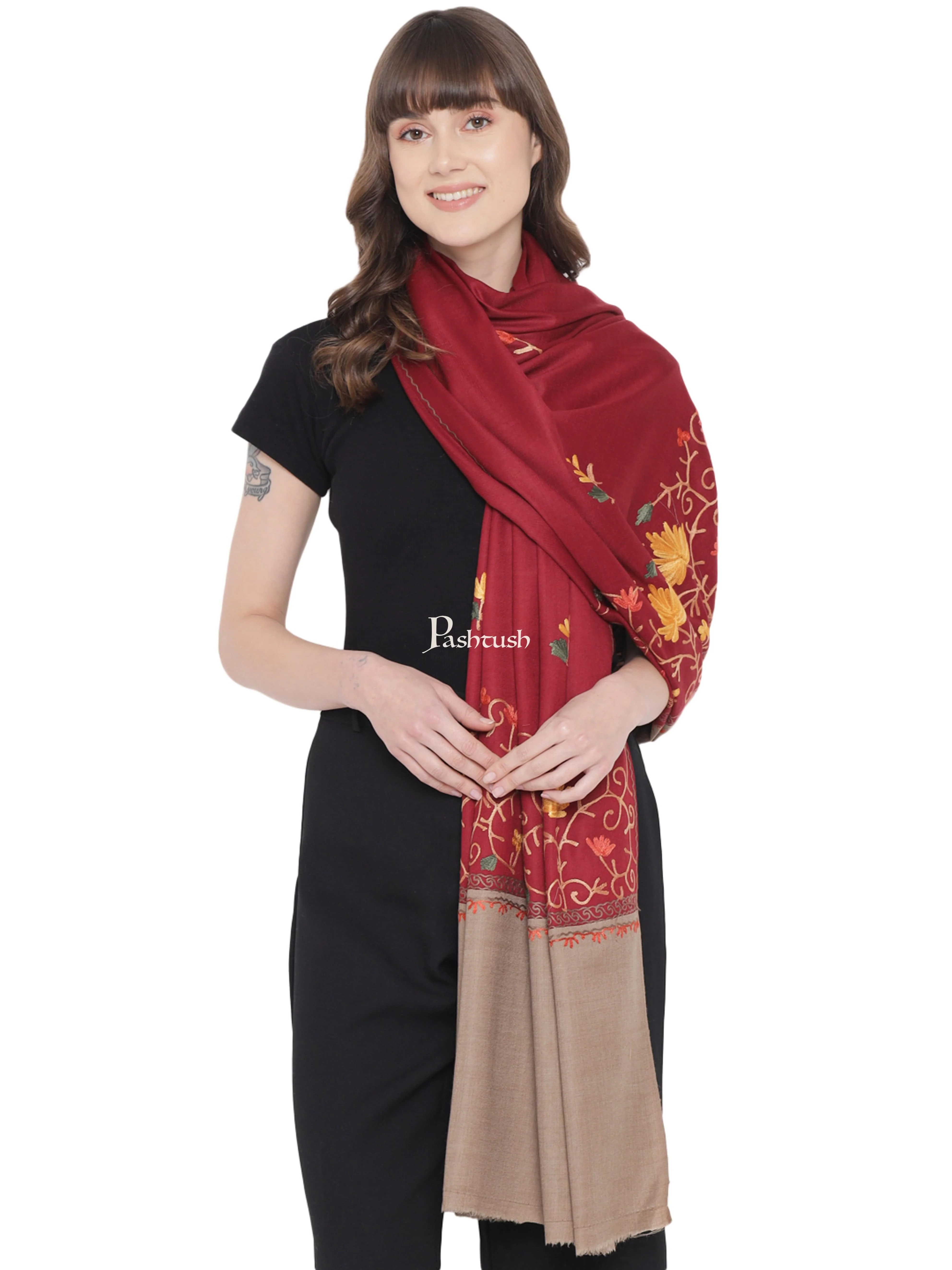 Pashtush Womens Woollen Shawl, Stitched Palla, Kashmiri Aari Embroidery, Maroon - Image 4