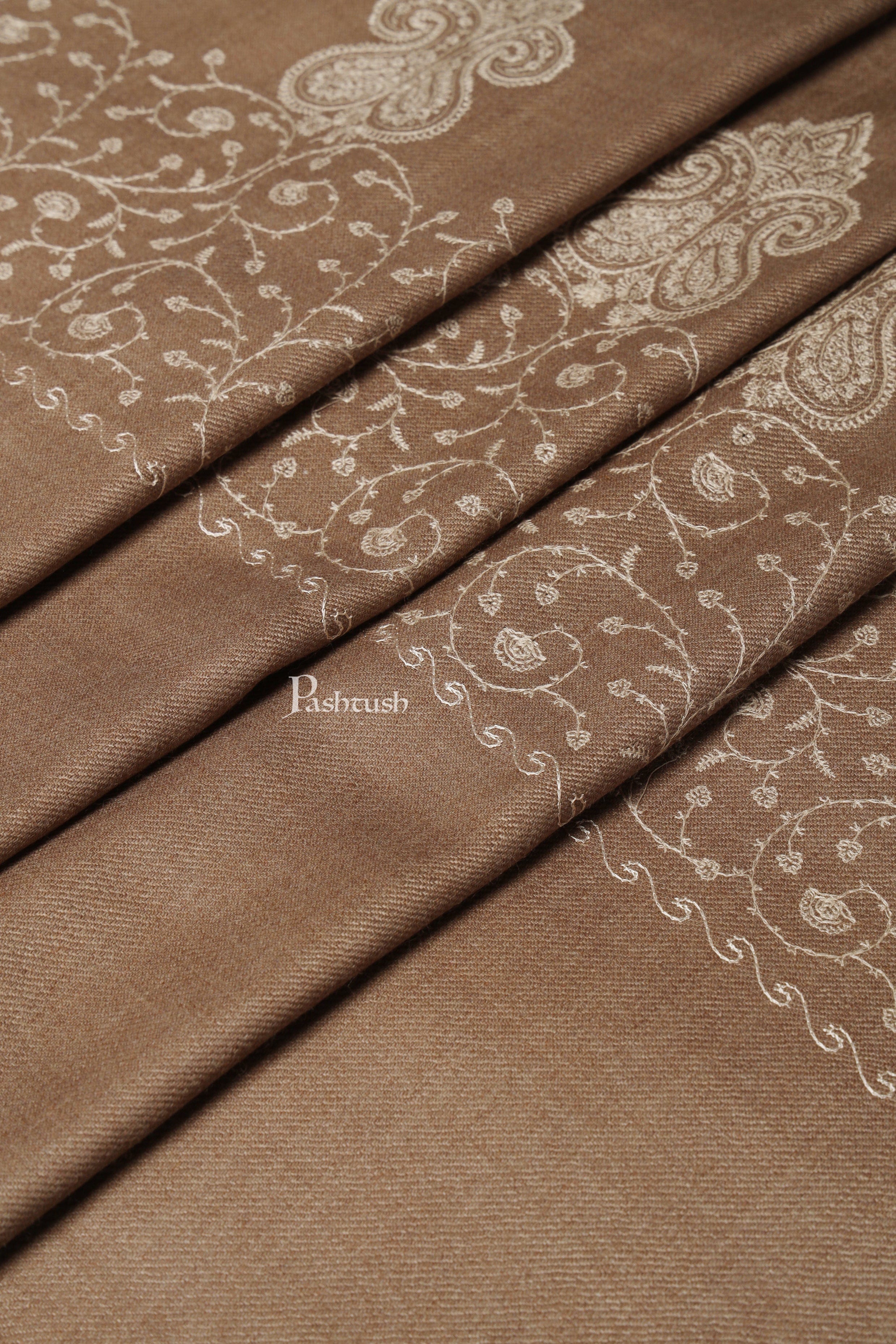 Pashtush Womens Woollen Shawl, Thick And Warm, Tone And Tone Palla Embroidery Design, Taupe - Image 2