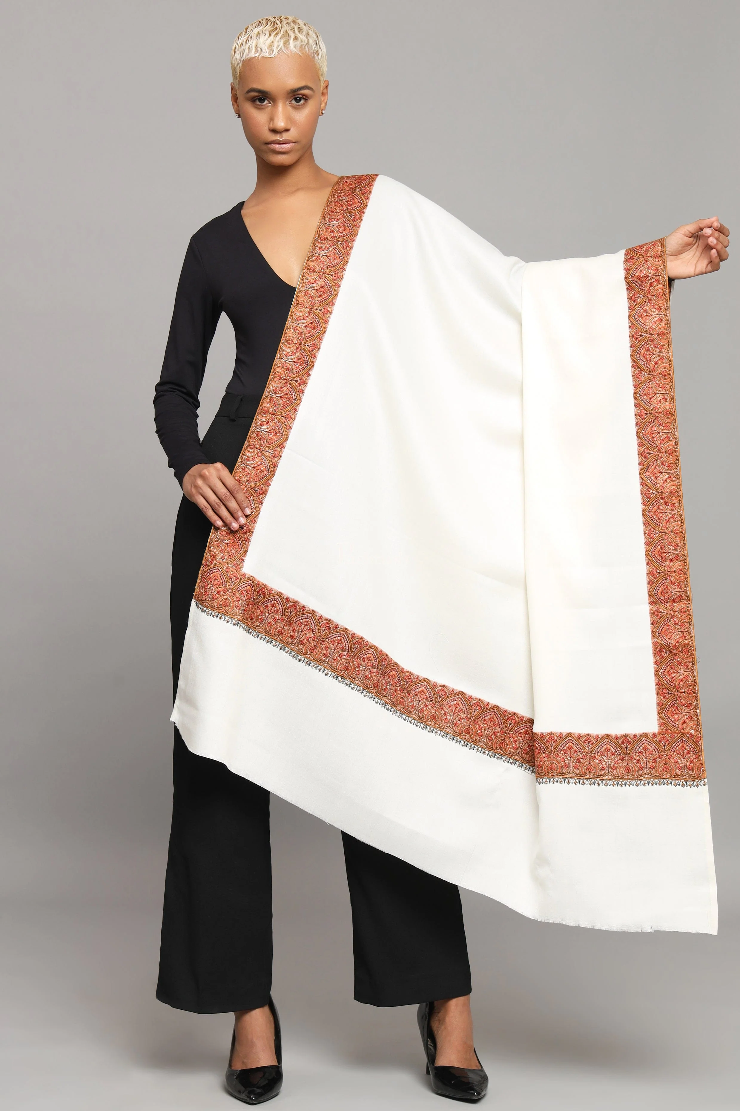 Pashtush Womens Woollen Shawl, Thick Woollen, Kashmiri Embroidery Design, Ivory - Image 2