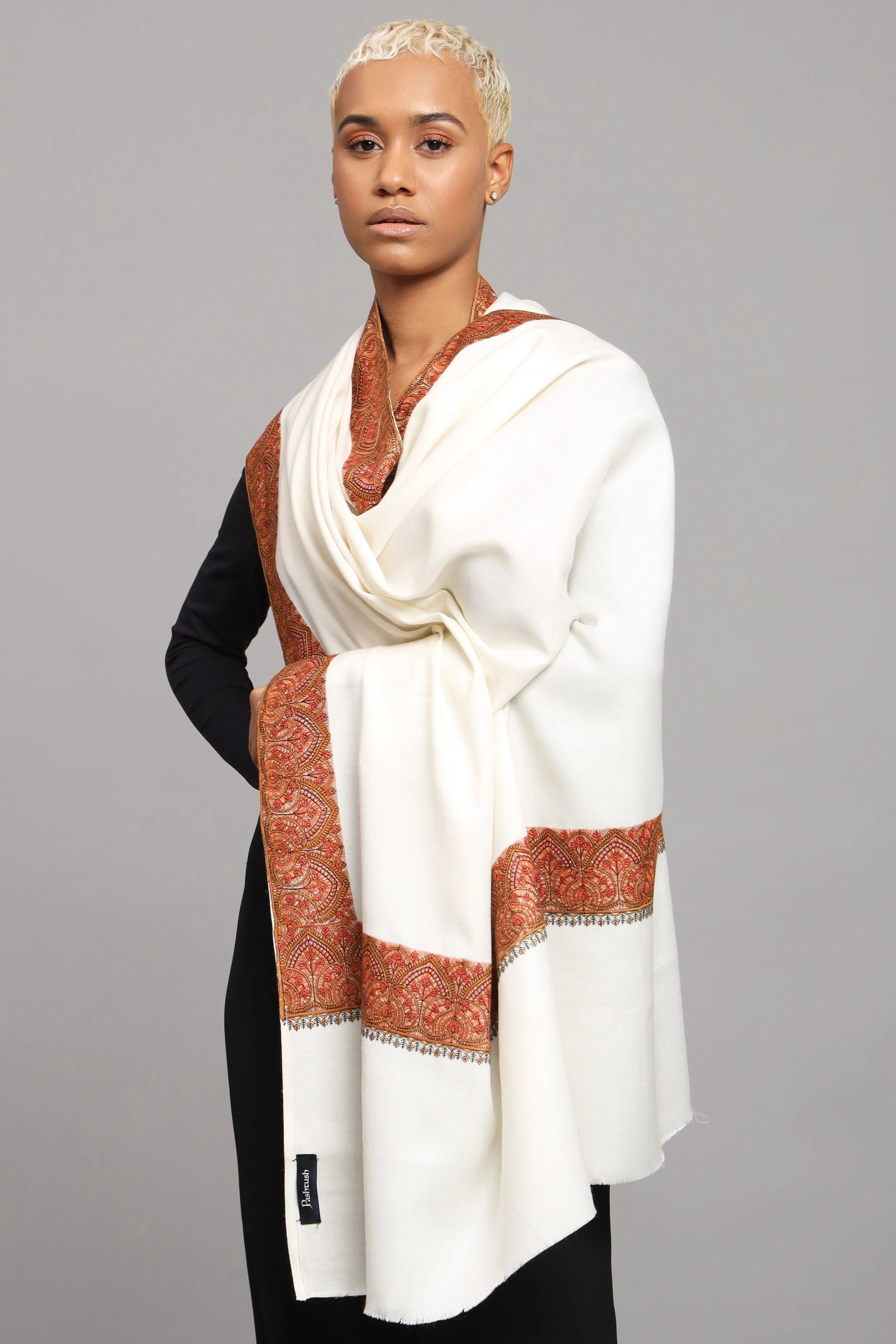 Pashtush Womens Woollen Shawl, Thick Woollen, Kashmiri Embroidery Design, Ivory - Image 5