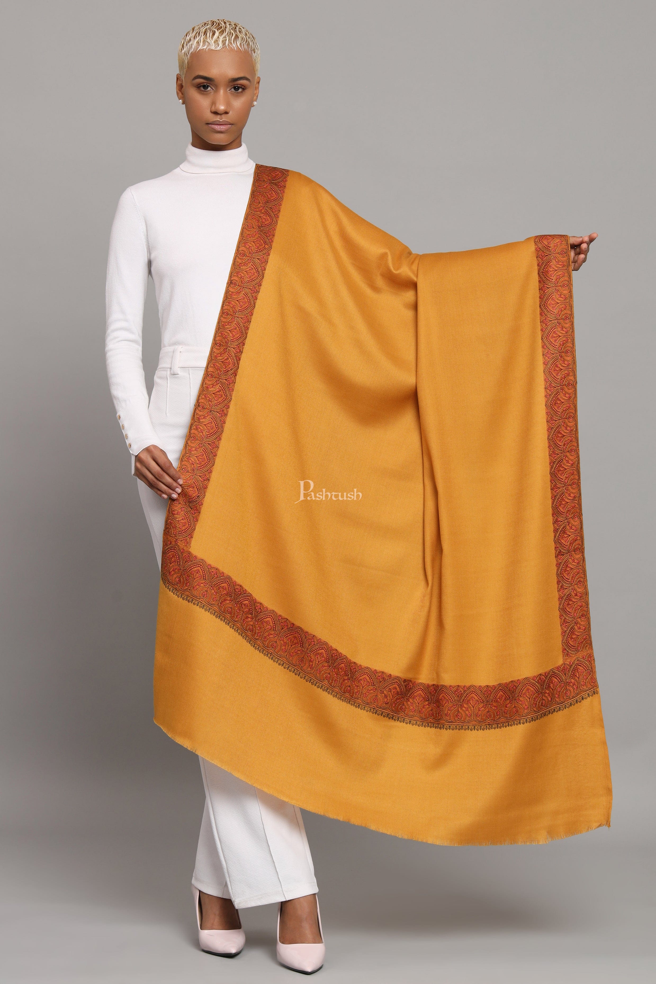 Pashtush Womens Woollen Shawl, Thick Woollen, Kashmiri Embroidery Design, Mustard - Image 3