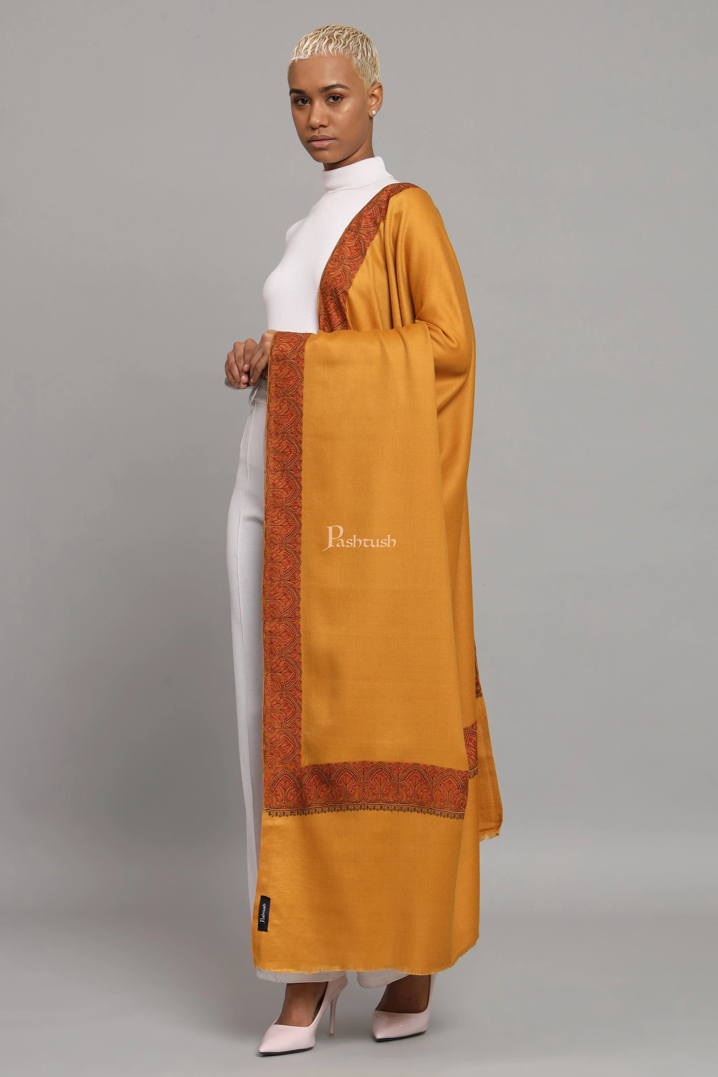 Pashtush Womens Woollen Shawl, Thick Woollen, Kashmiri Embroidery Design, Mustard - Image 4